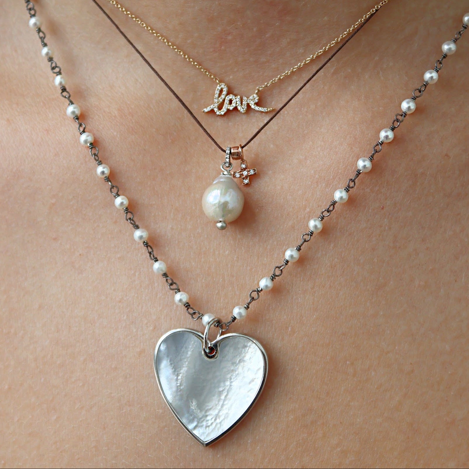 Mother of Pearl Heart Pendant Handwired Necklace