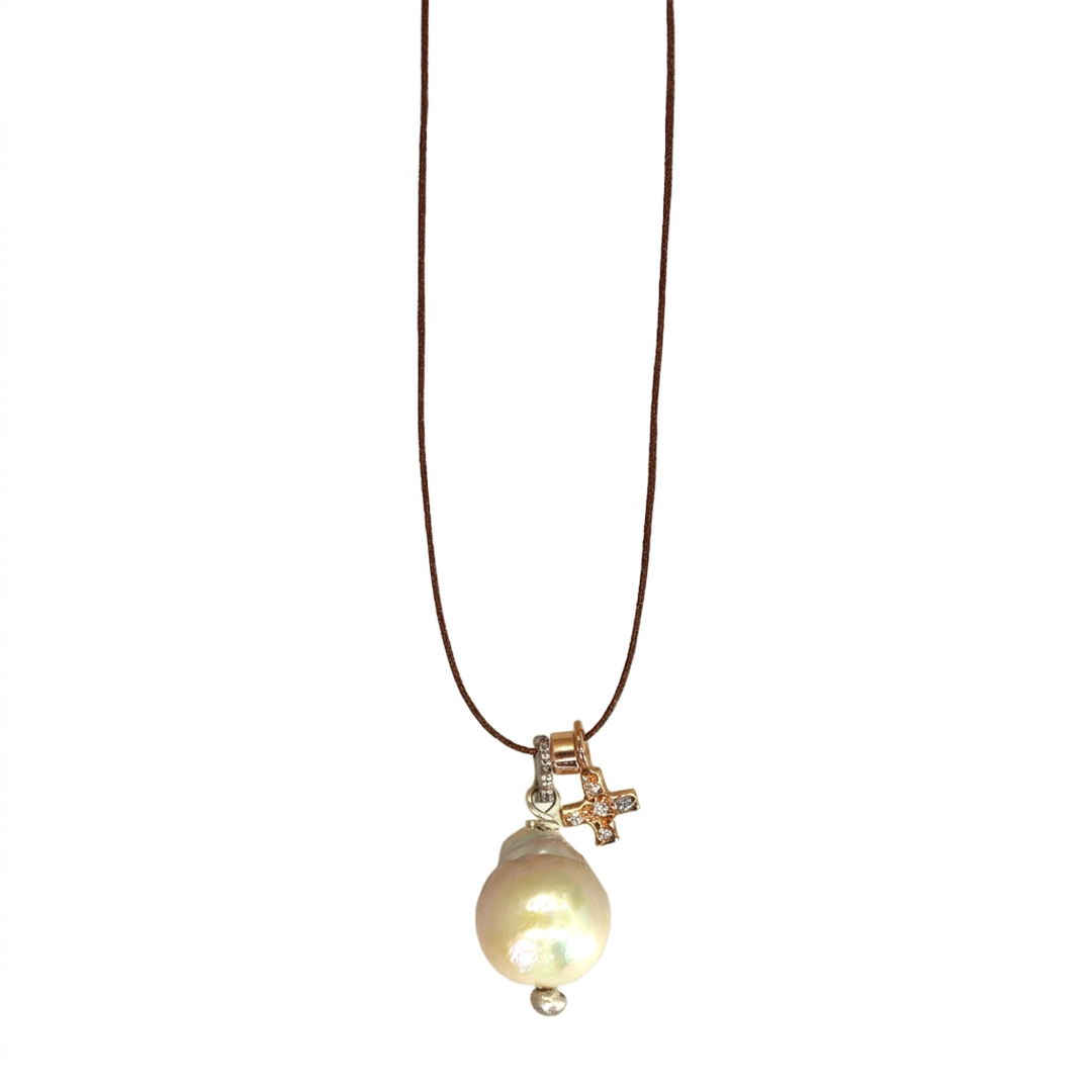 Chunky Pearl & Pave Diamond Cross Brown Silk Necklace