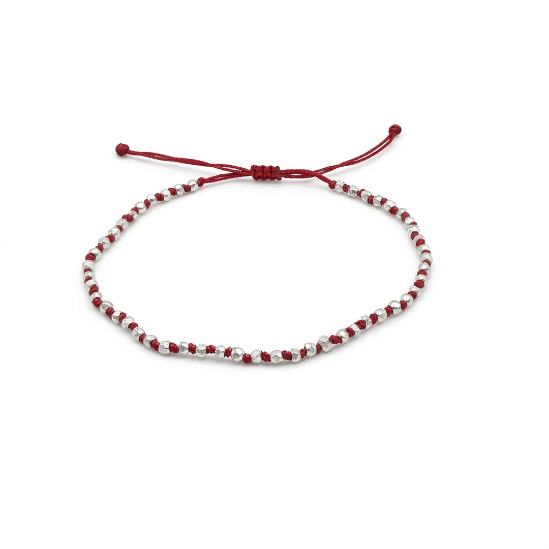 Silver Beaded Slip Knot Red Cording Bracelet
