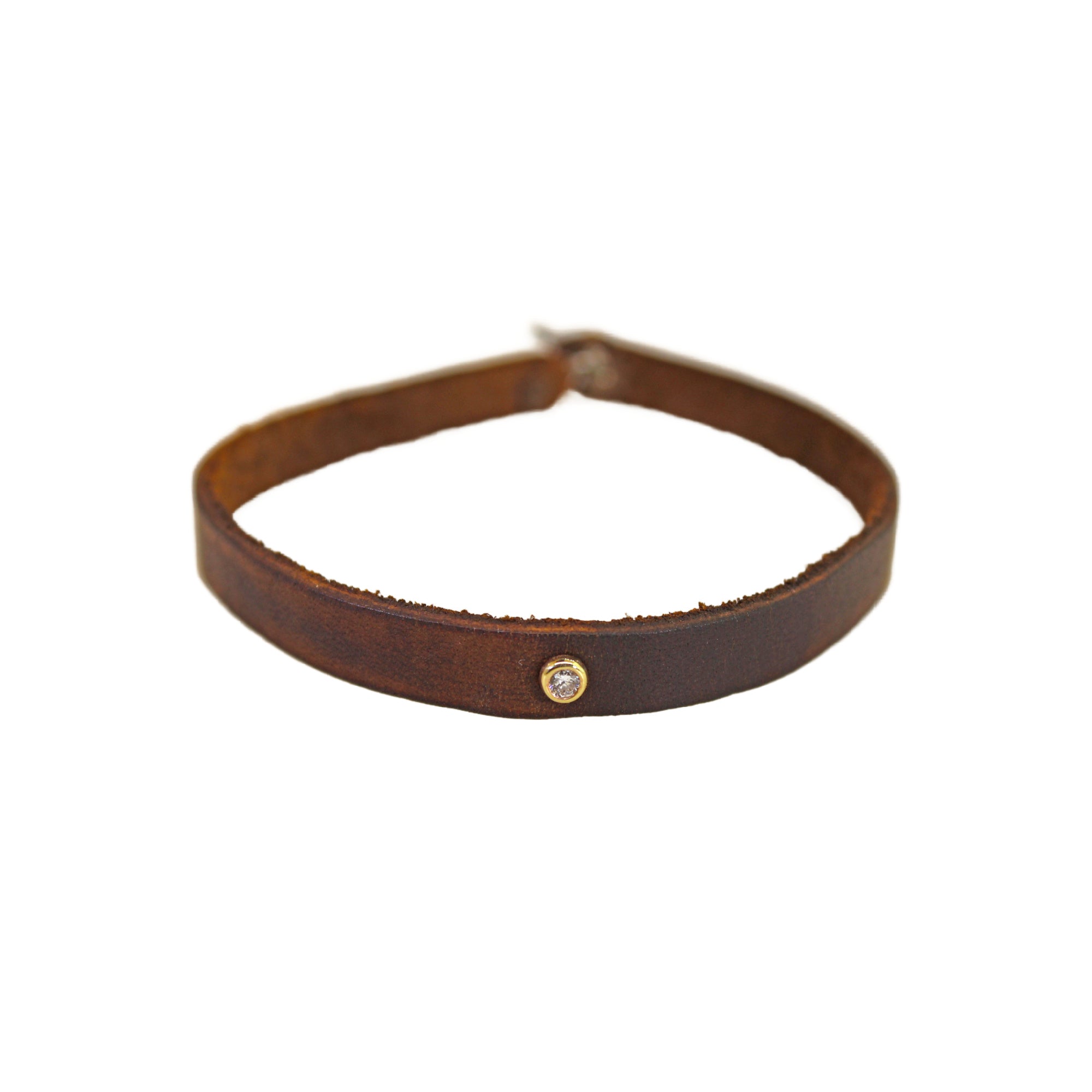 Bezel Set Diamond Brown Leather Bracelet