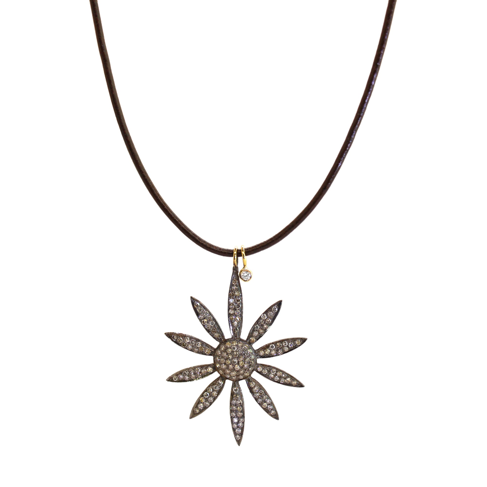 Pave Diamond Flower & Leather Necklace