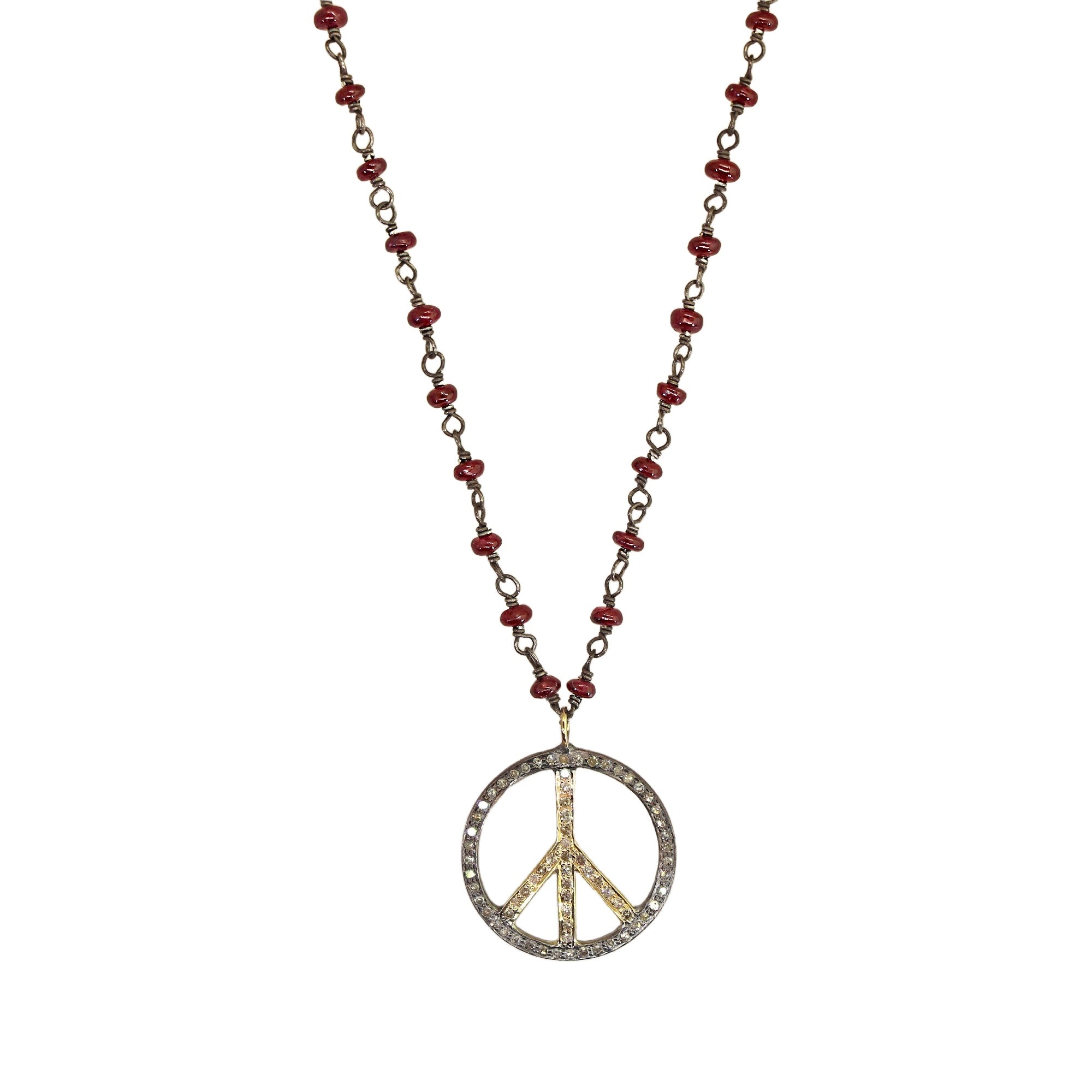 Mix Metal Diamond Peace Sign & Ruby Necklace