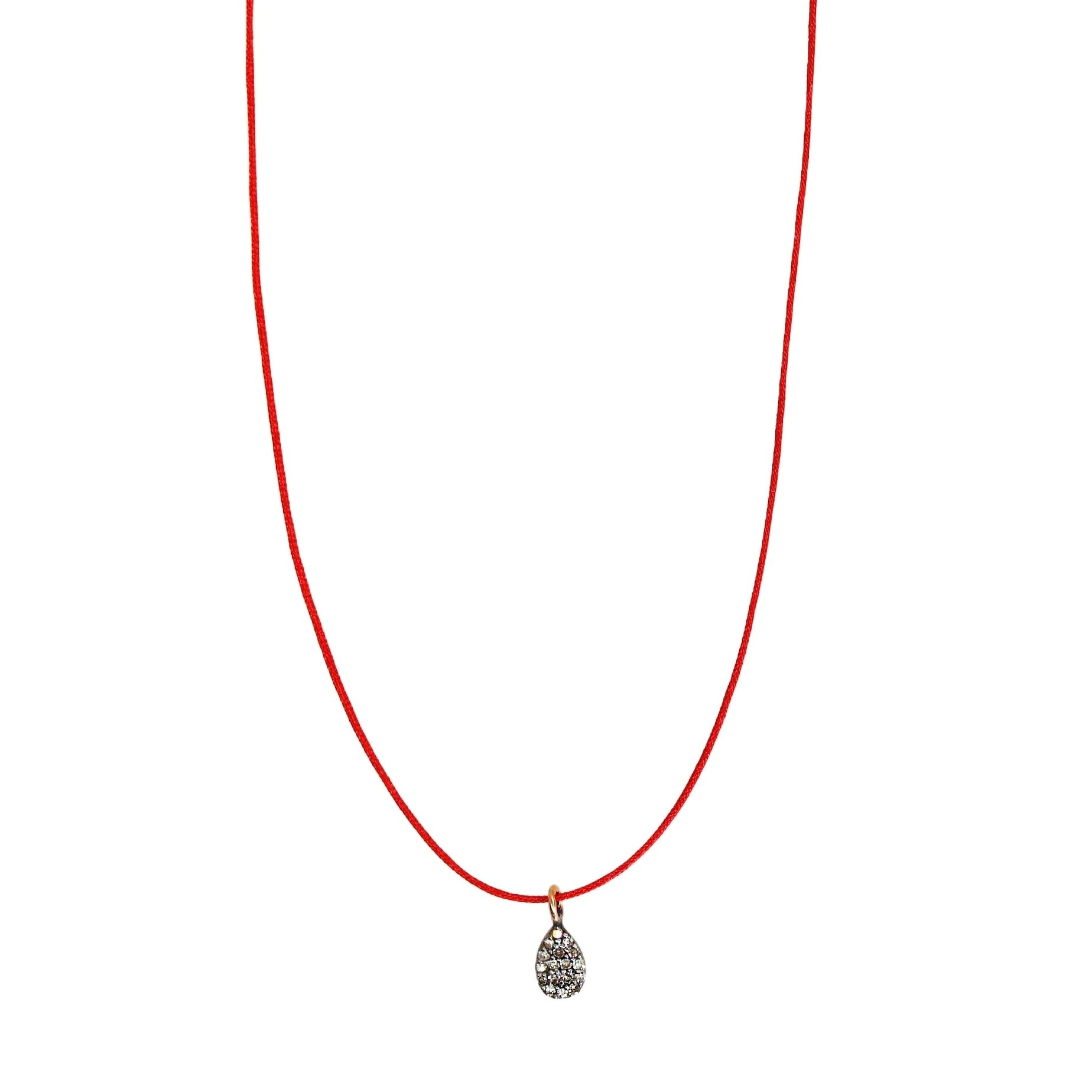 Red Silk Silver Pave Diamond Pear Shaped Necklace