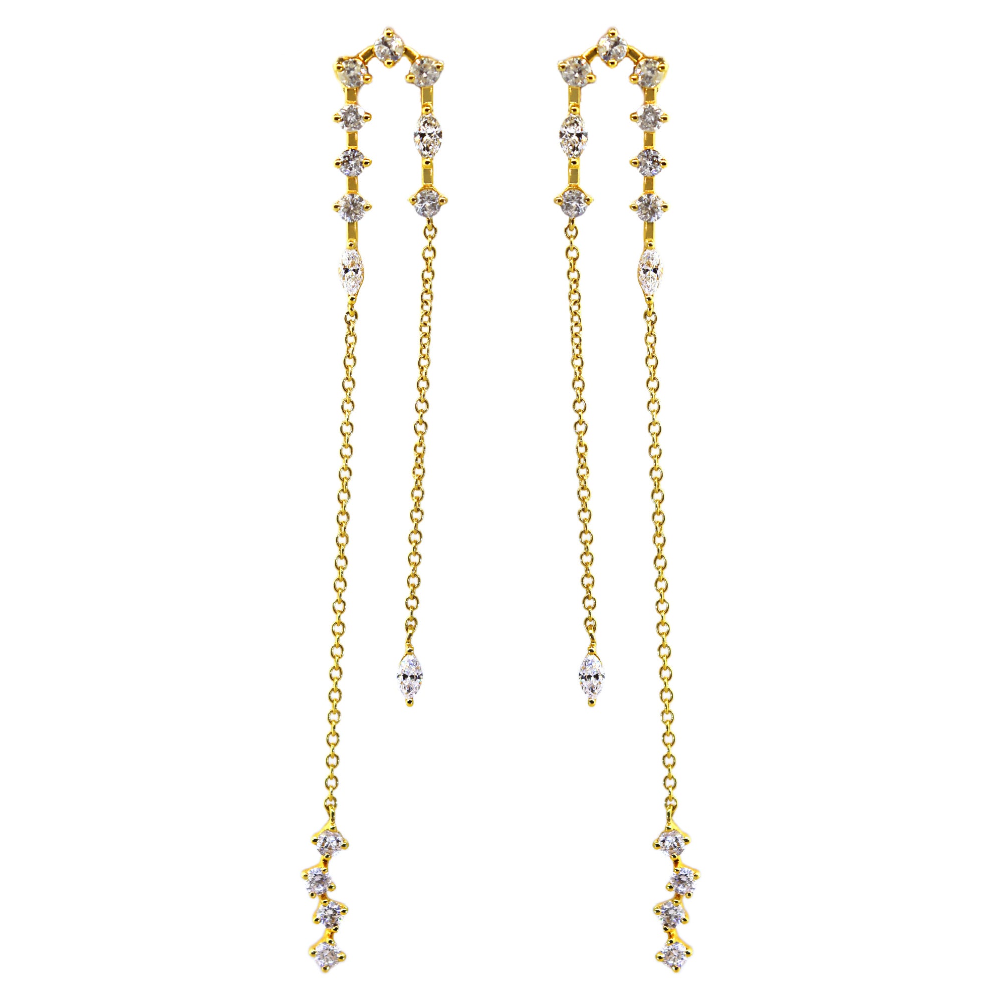 Yellow Gold Long Diamond Chain Sway Earrings