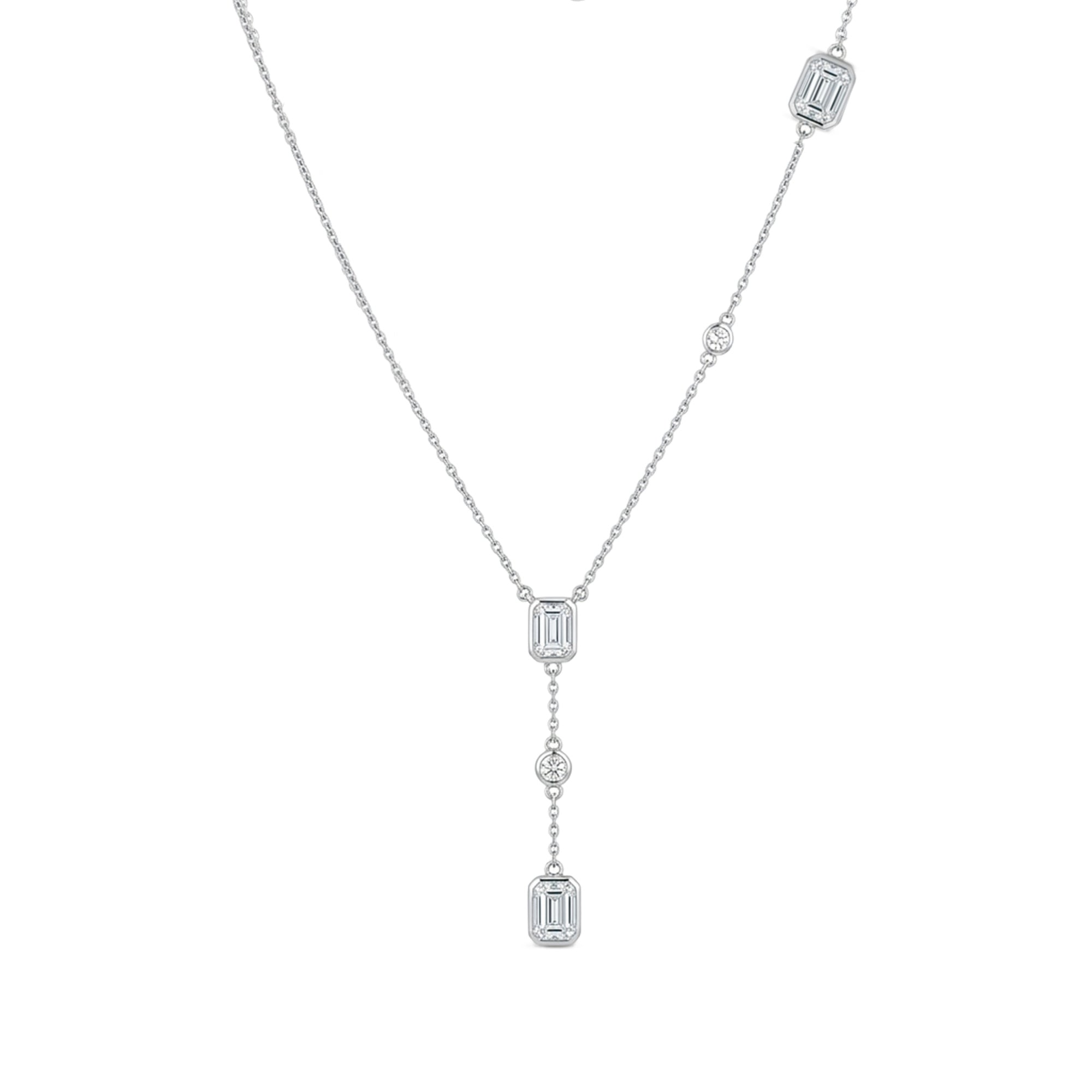 White Gold Lariat Emerald Cut & Round Diamond Necklace