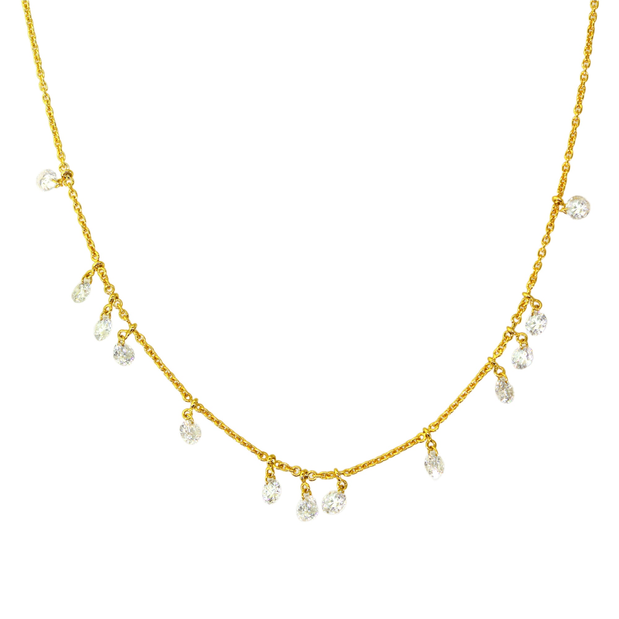 Yellow Gold Drilled Round Diamond Dangle Necklace