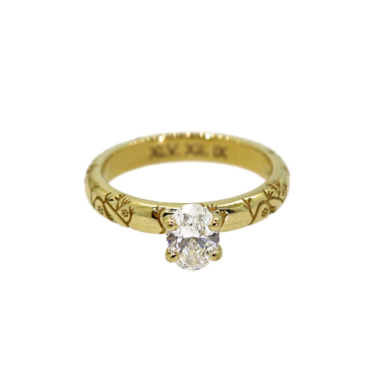 Oval Shaped Diamond Engraved Engagement Ring