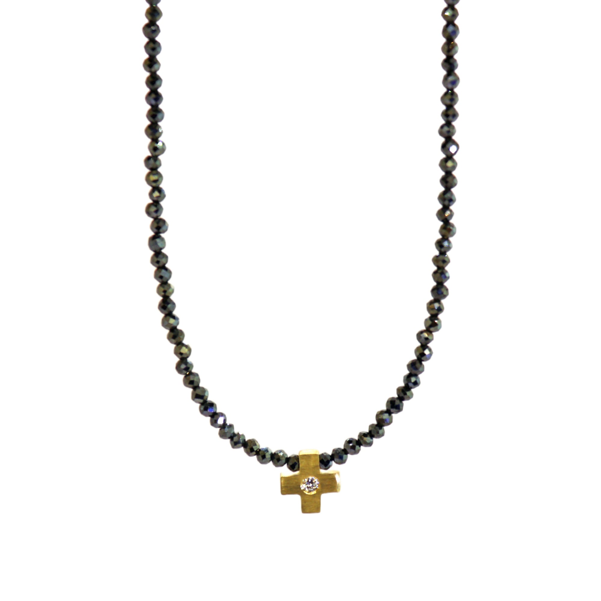 Black Tourmaline Necklace & Diamond Gold Cross