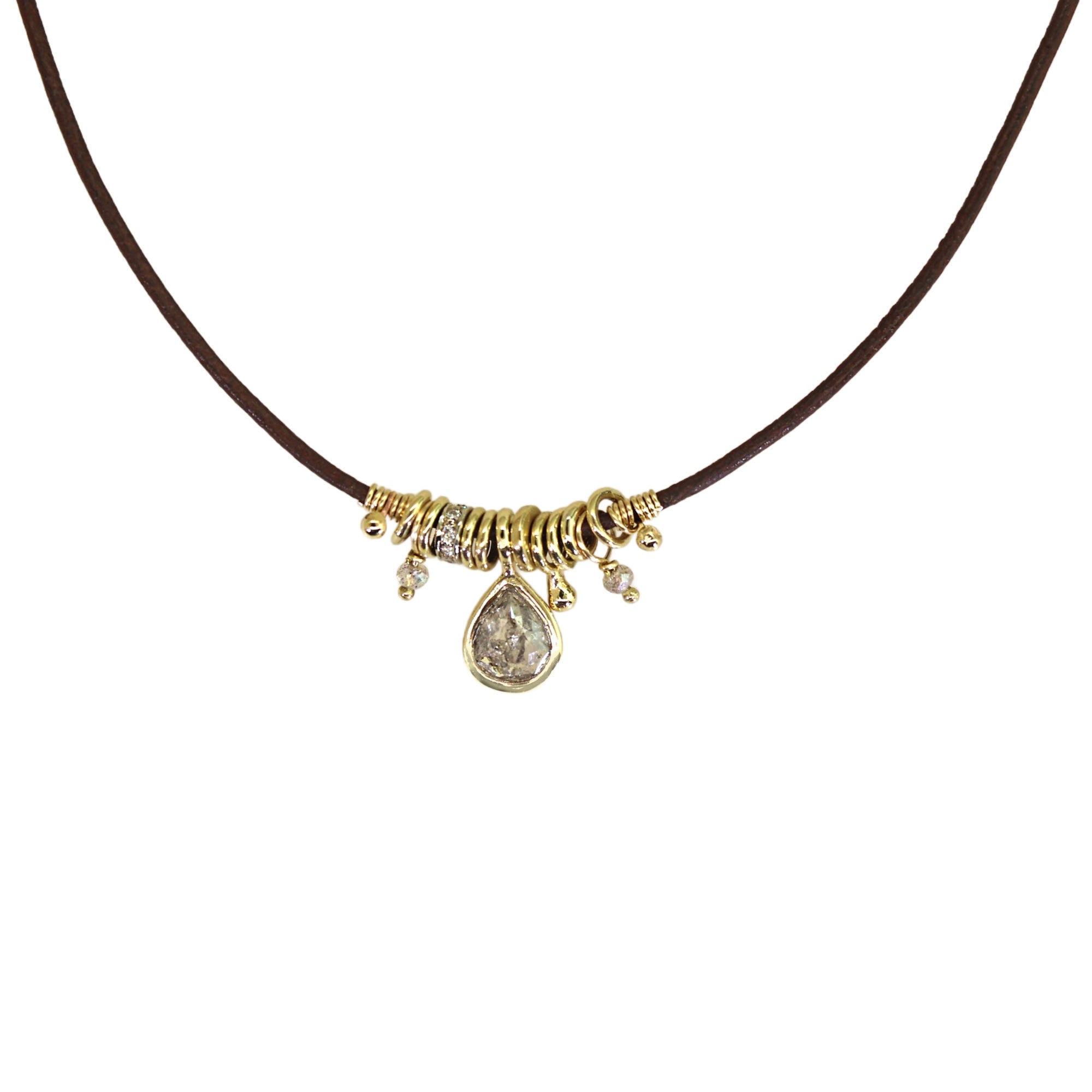 Pear Shaped Raw Diamond Leather Charm Necklace