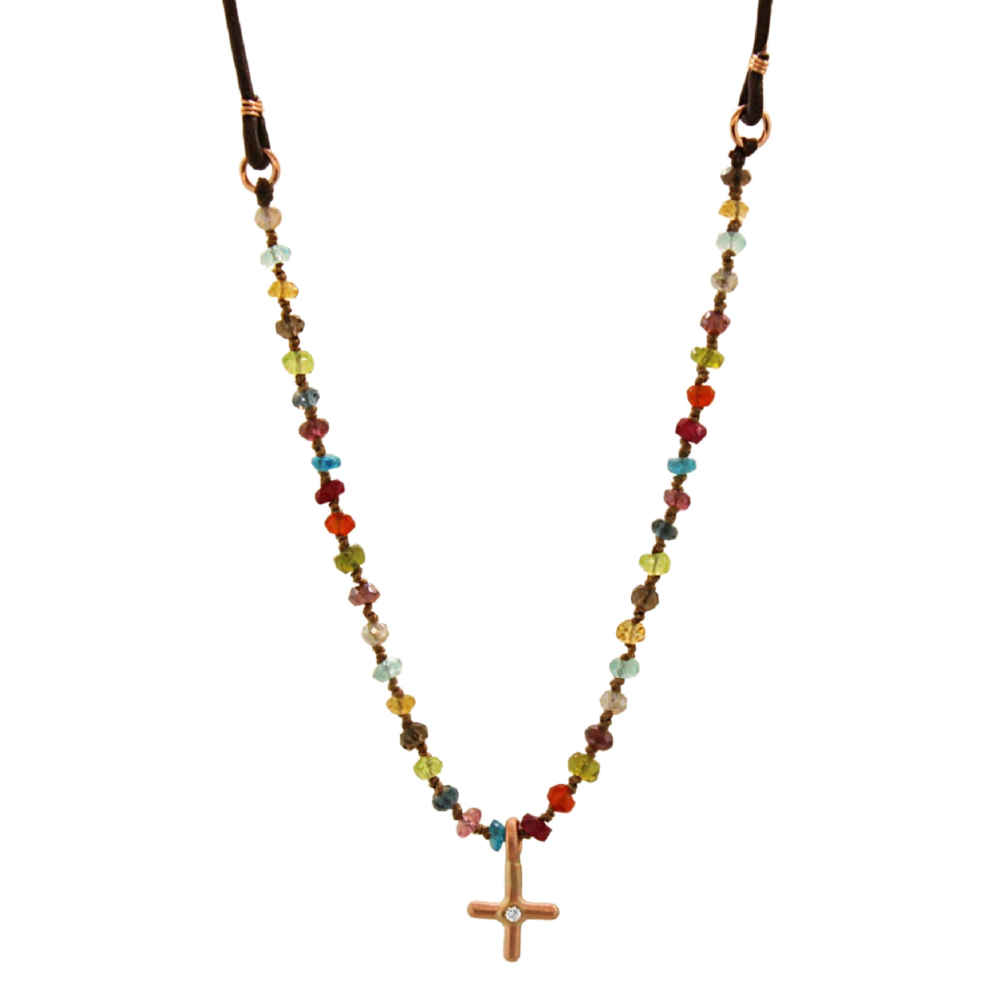 Multi Colored Gemstone & Rose Gold Diamond Cross Necklace