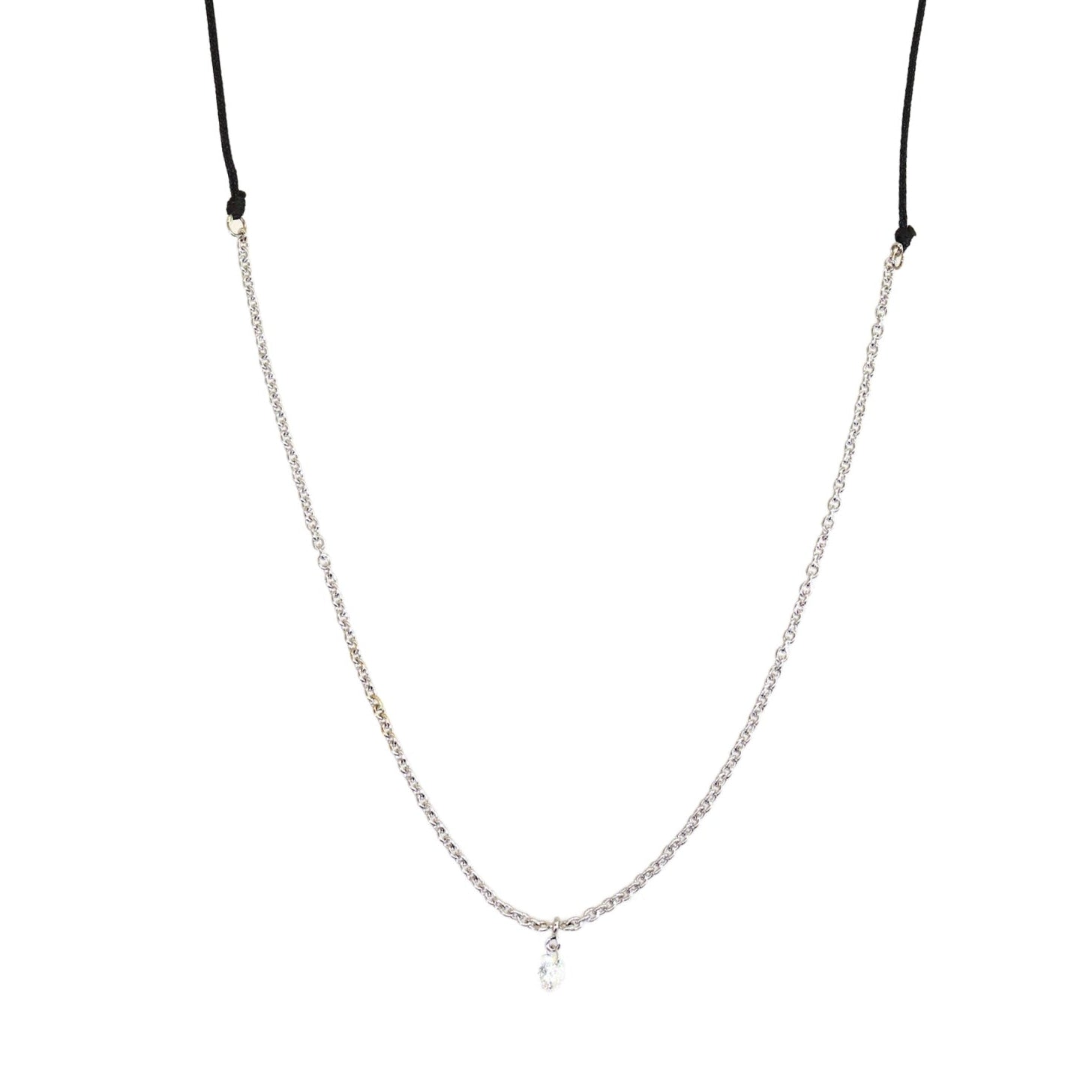 Single Drilled Diamond Black Silk & White Gold Necklace
