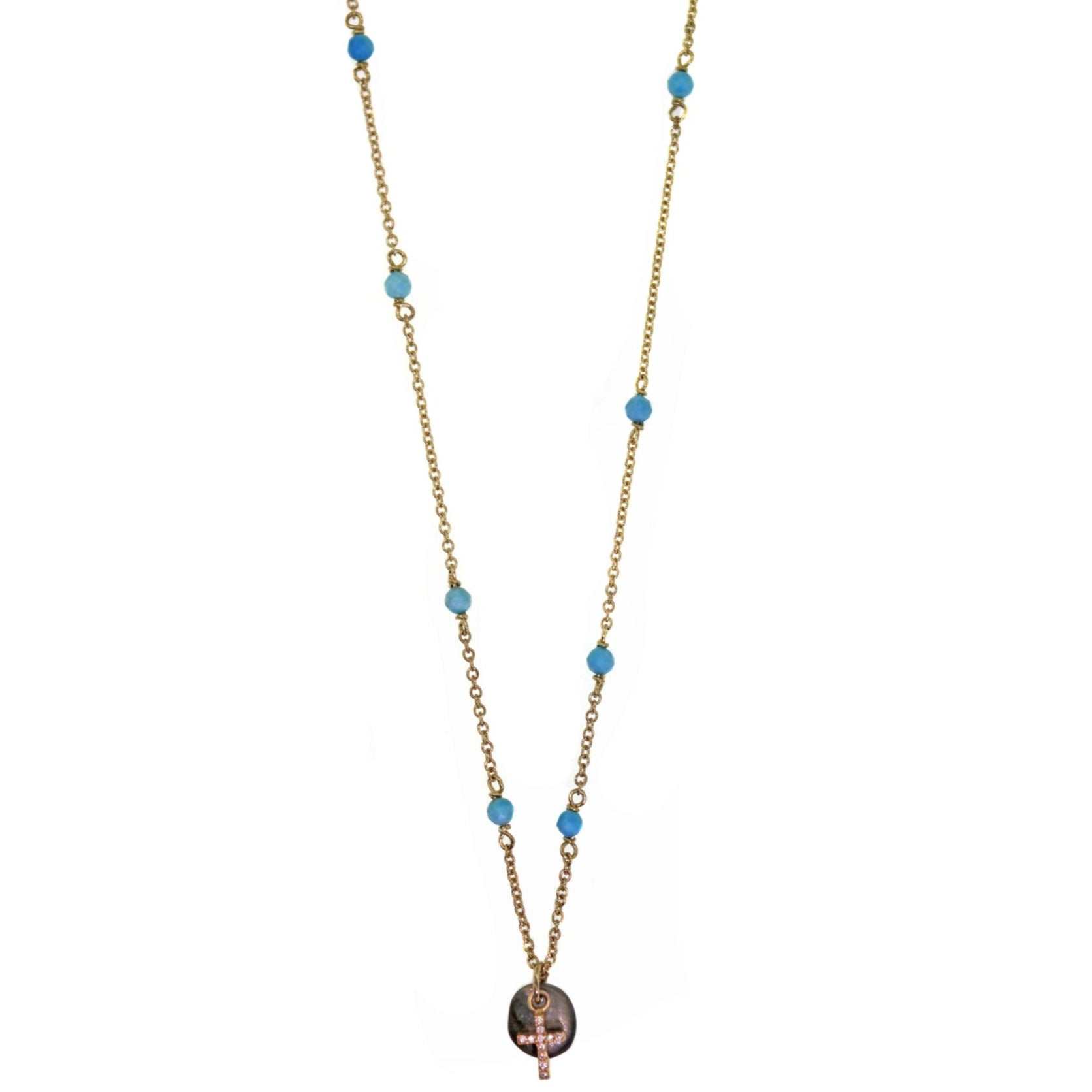 Rhodium Disc & Diamond Cross Necklace With Turquoise Beads