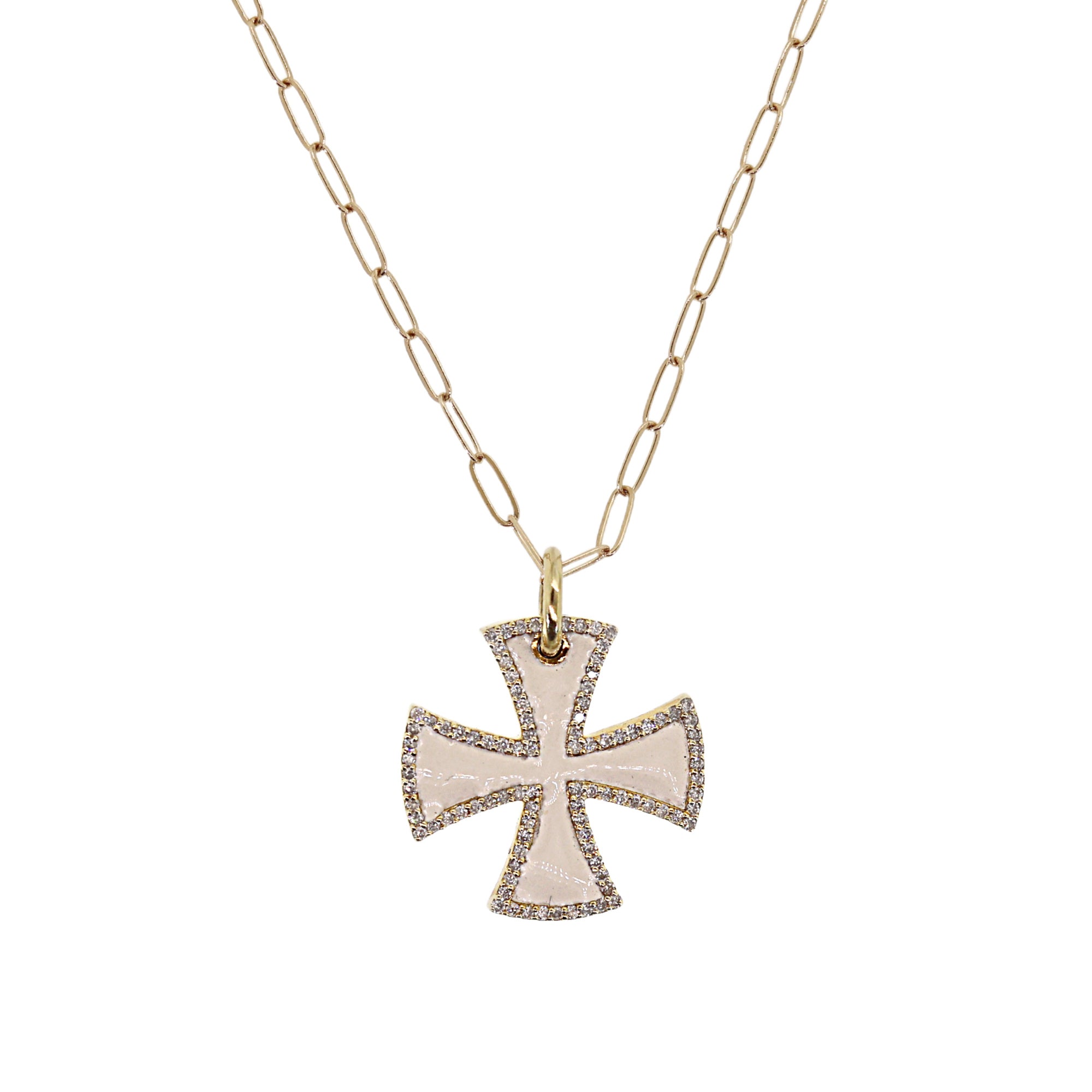 White Enamel & Diamond Cross Necklace