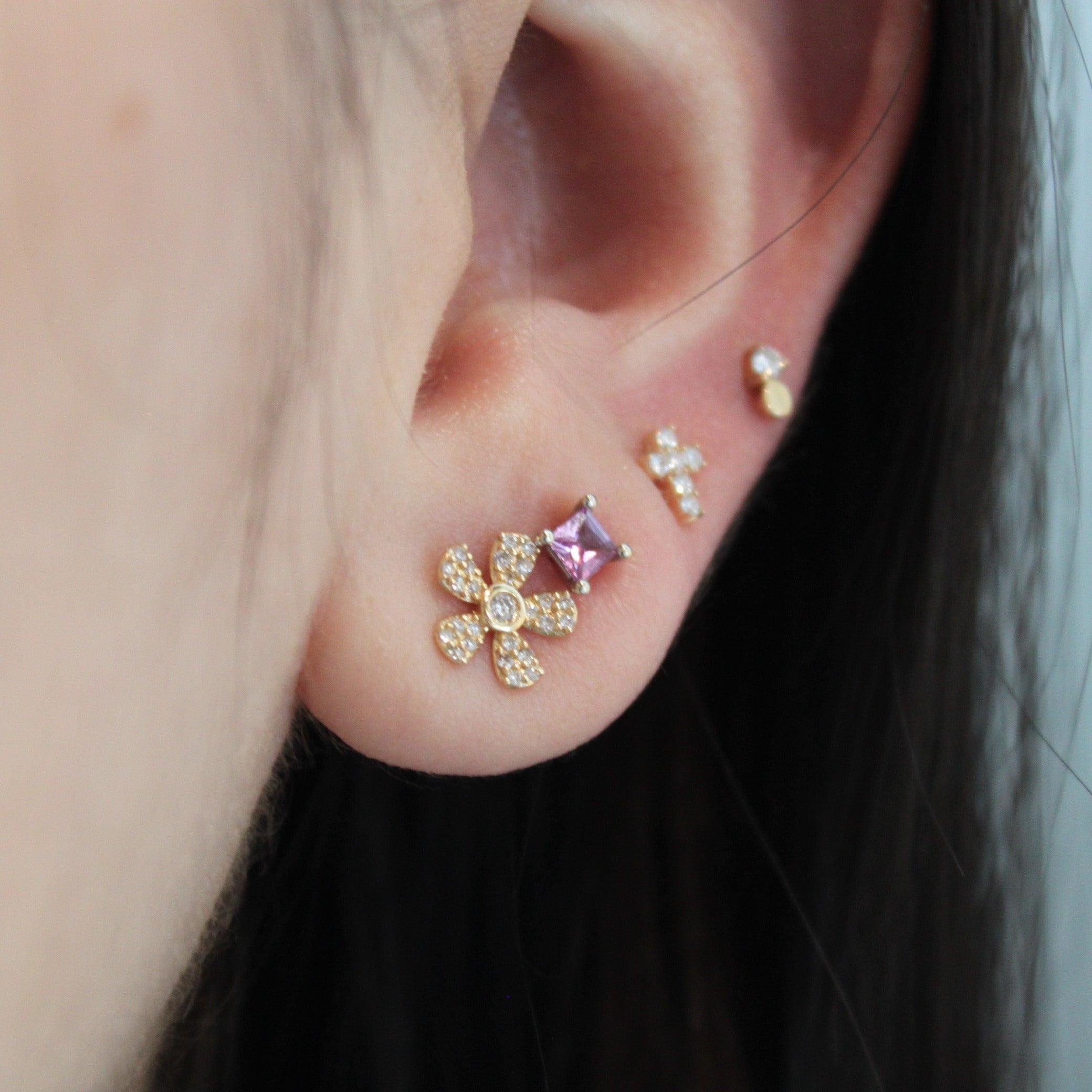 Gold Pave Diamond Flower Studs