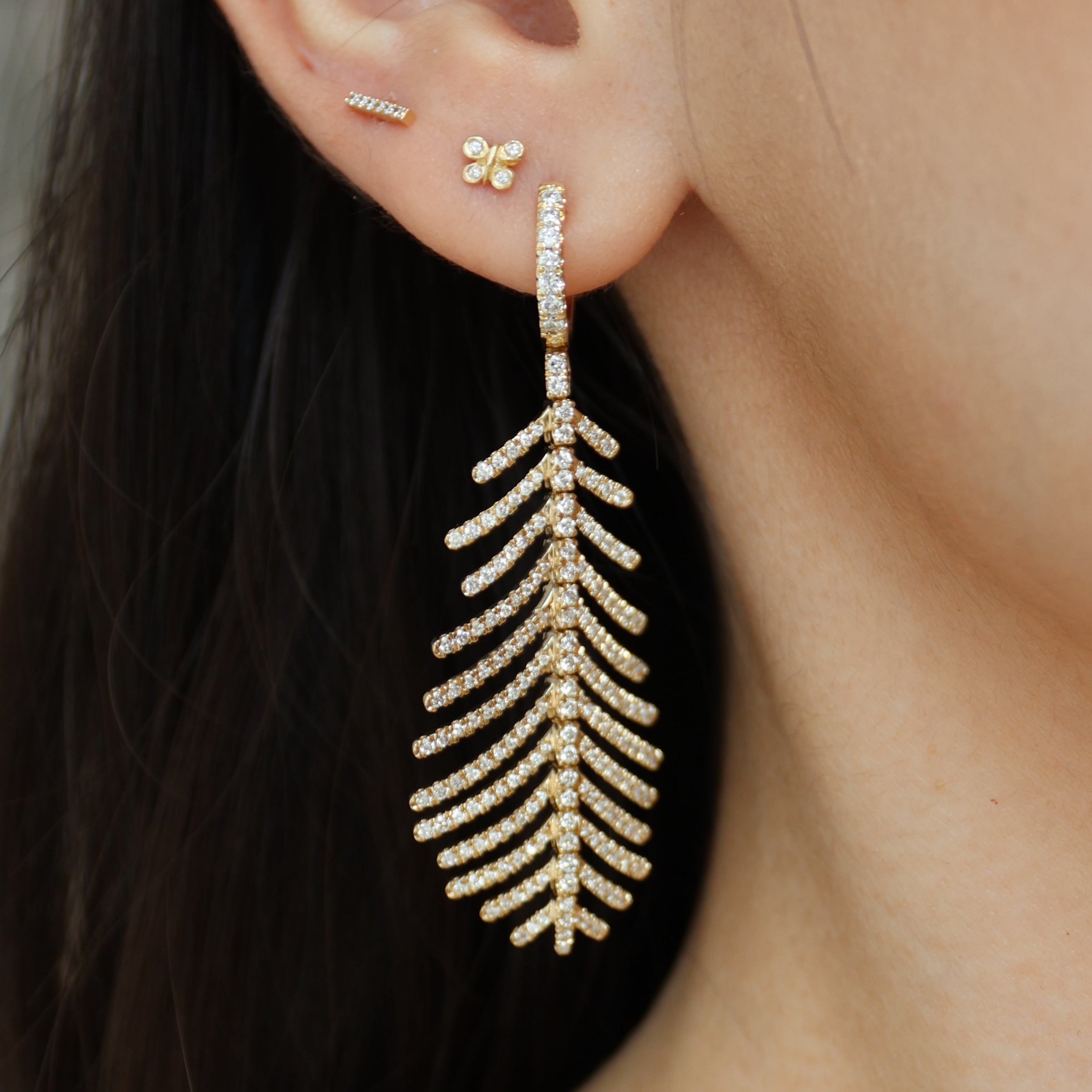 Yellow Gold Diamond Leaf Dangle Earrings