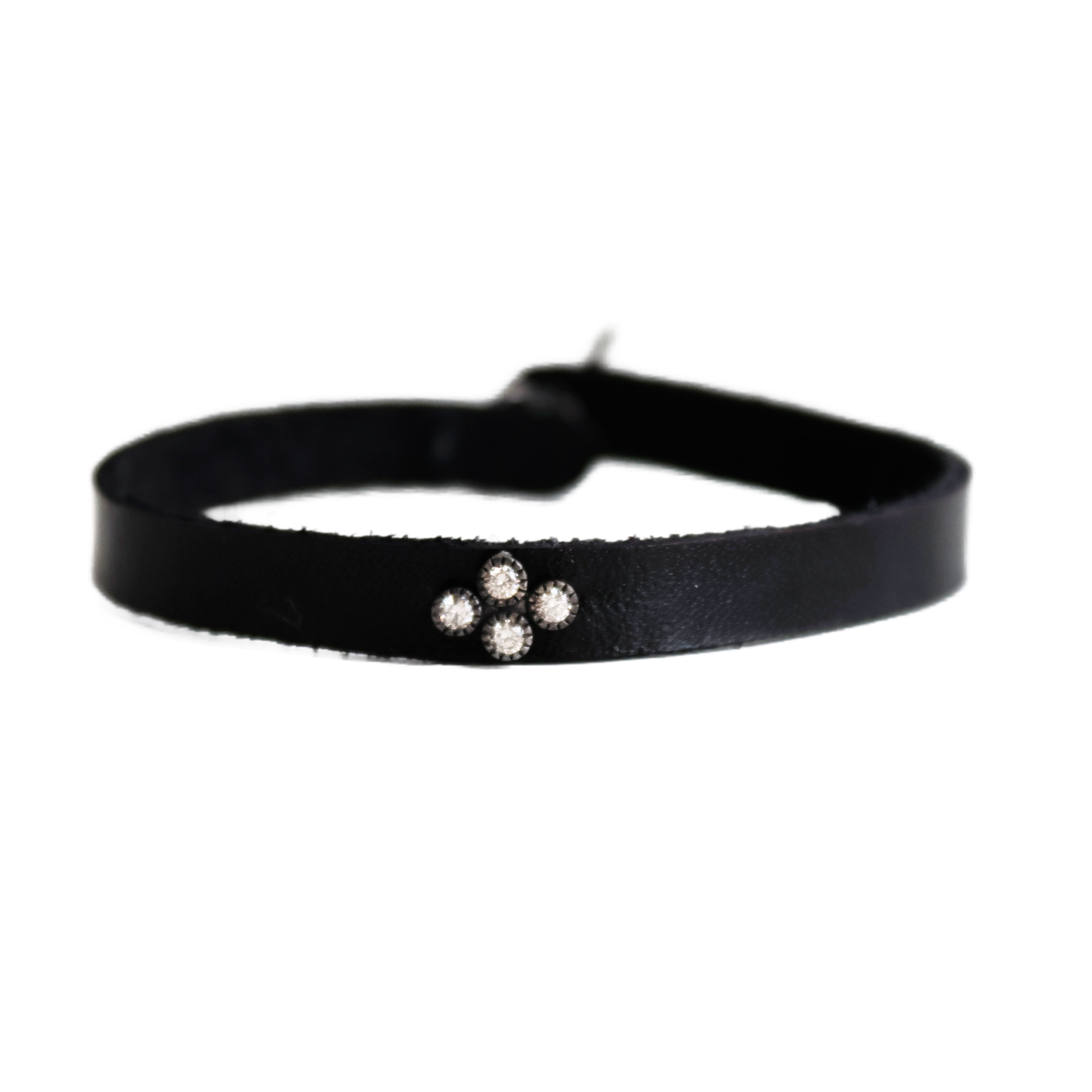 Diamond Silver Cross Black Leather Bracelet