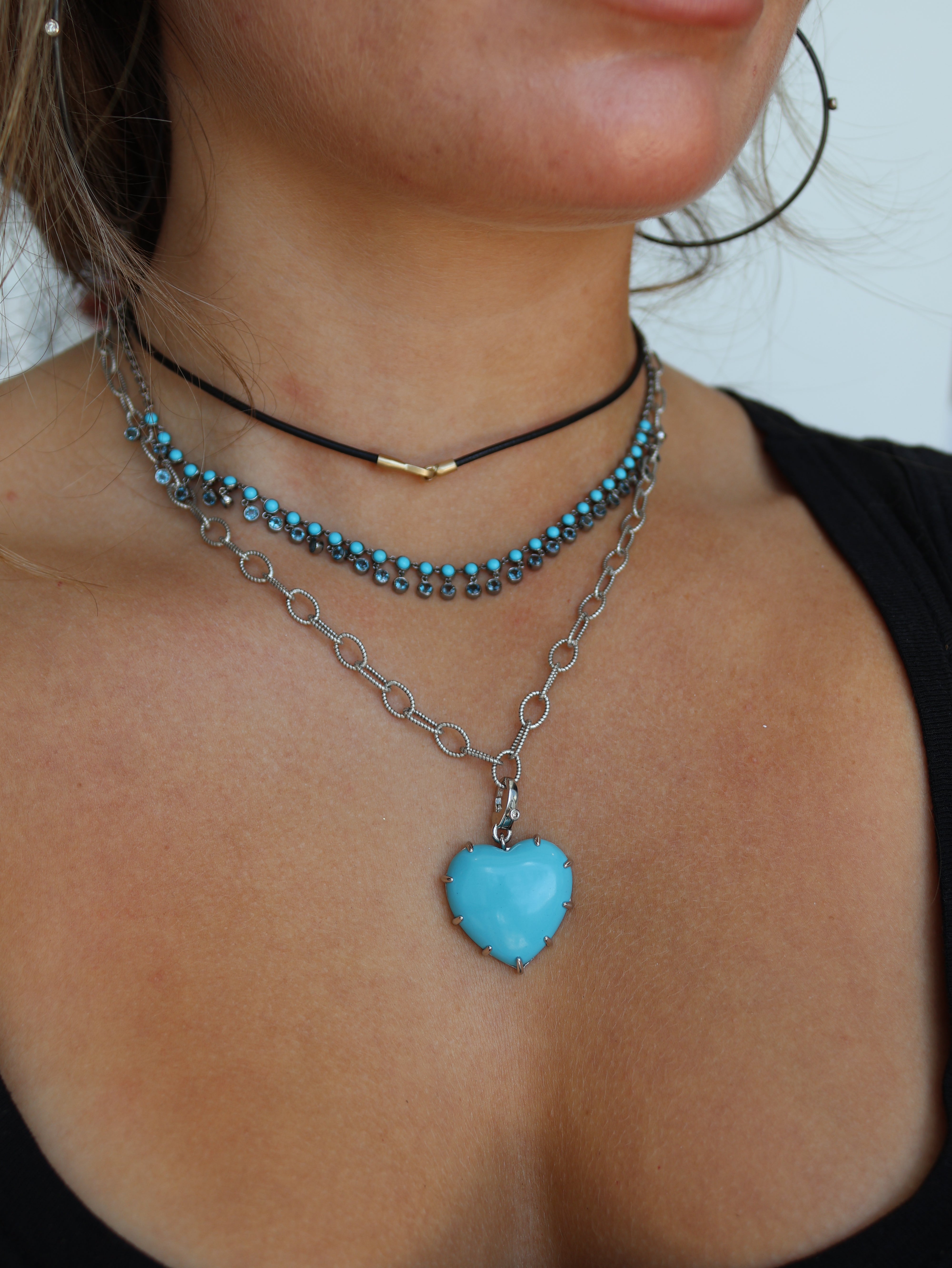 Silver PuffyTurquoise Heart Link Necklace