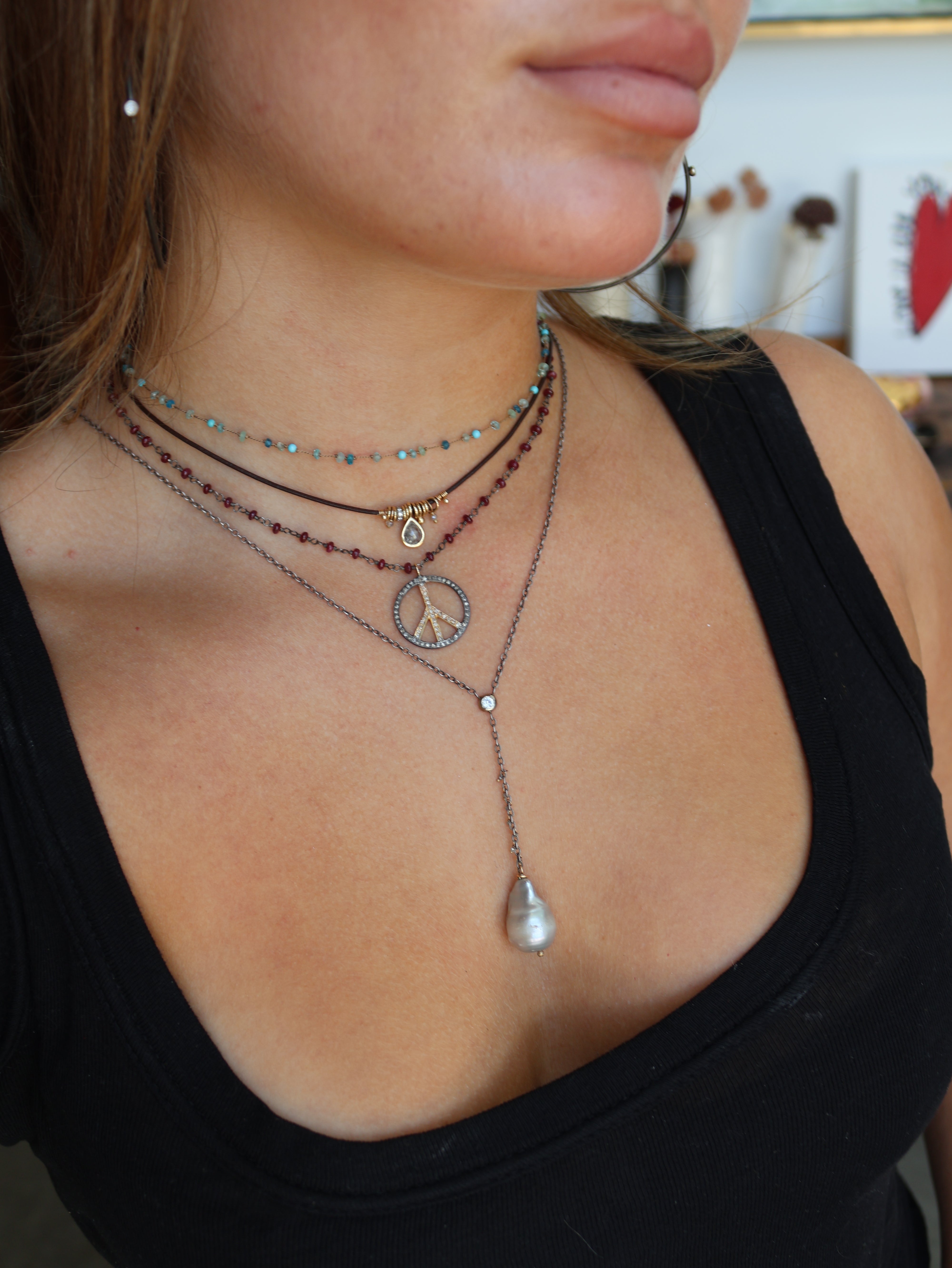 Mix Metal Diamond Peace Sign & Ruby Necklace