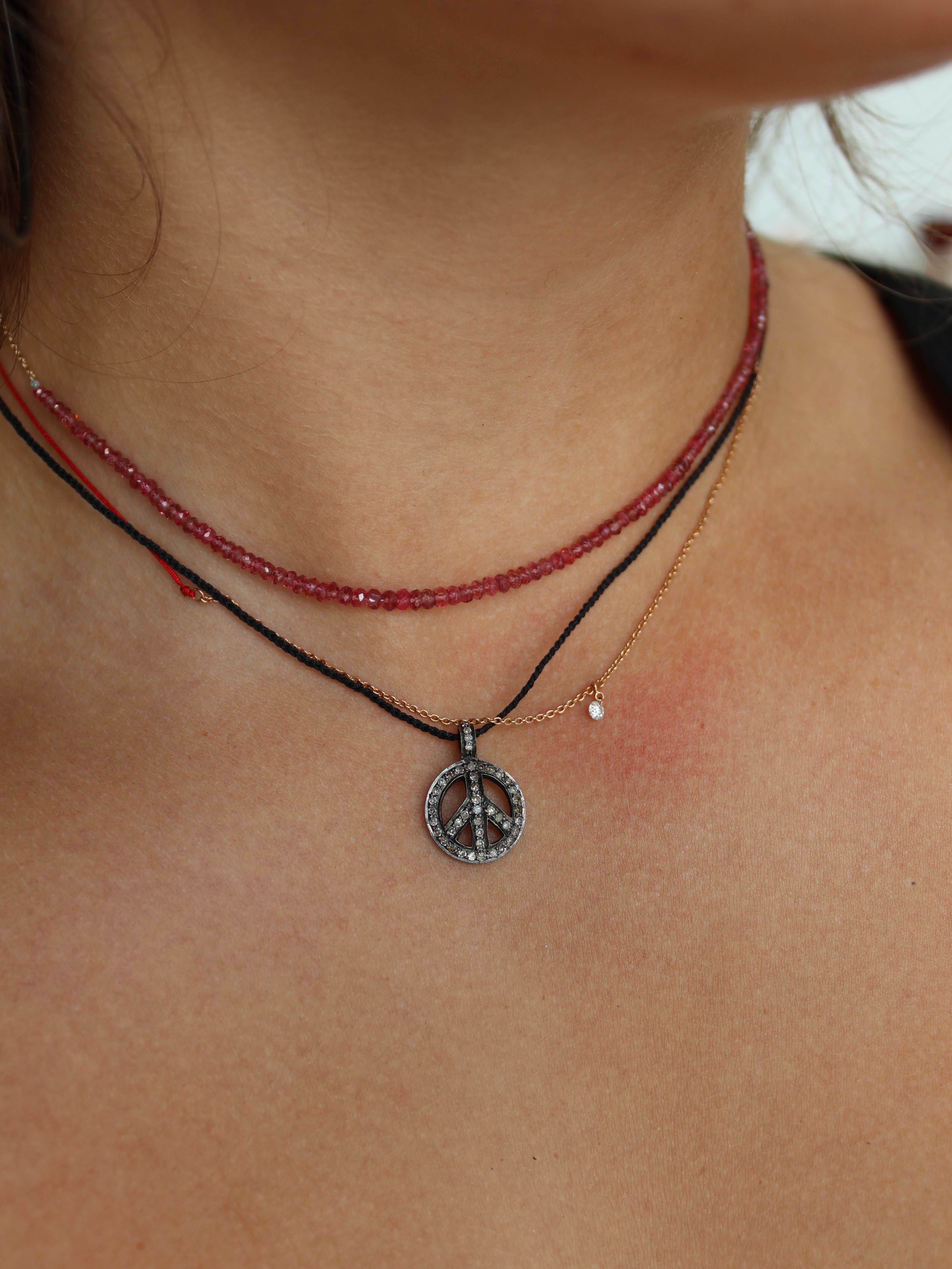Diamond Peace Sign Black Macrame Necklace