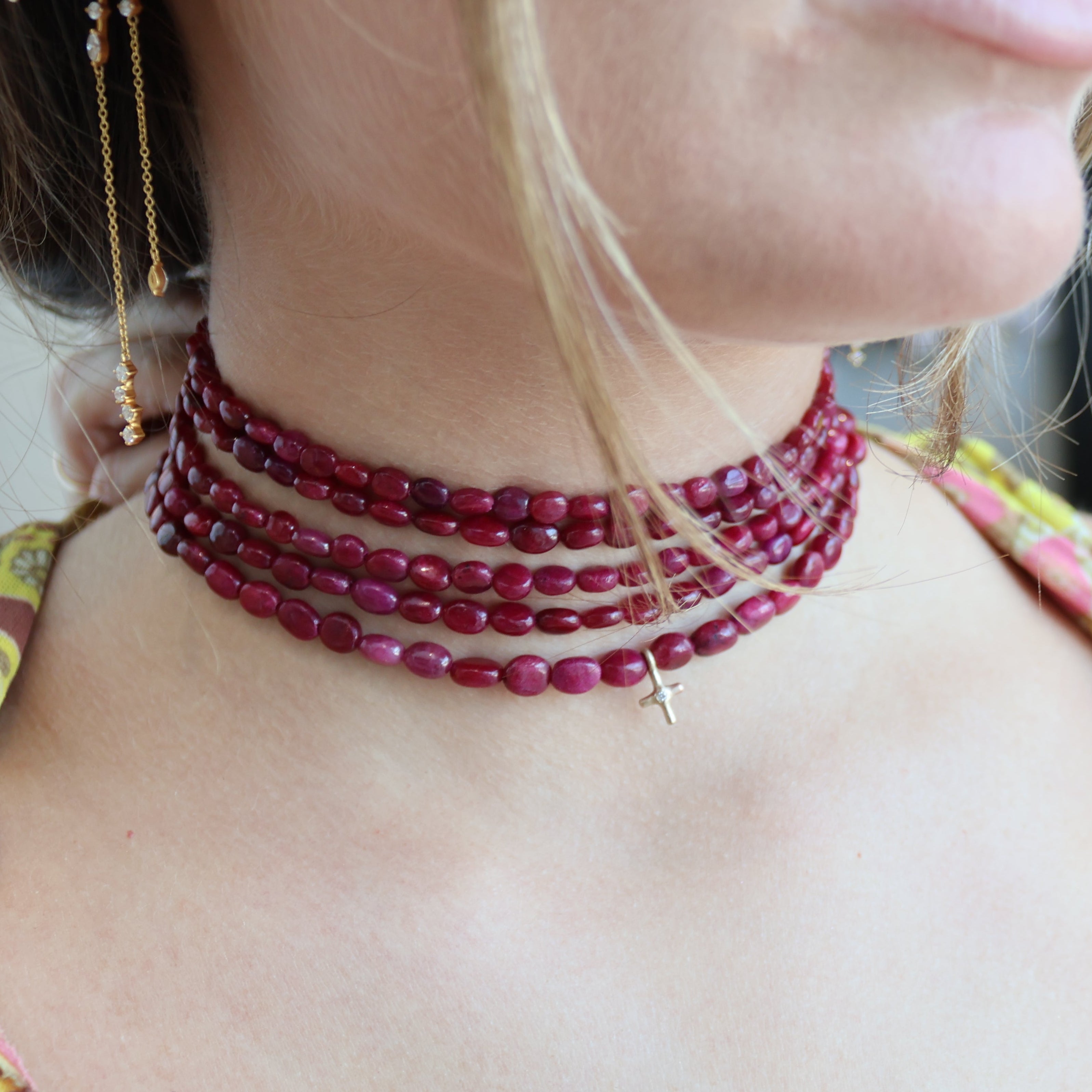 Burmese Ruby 5 Strand & Diamond Cross Necklace