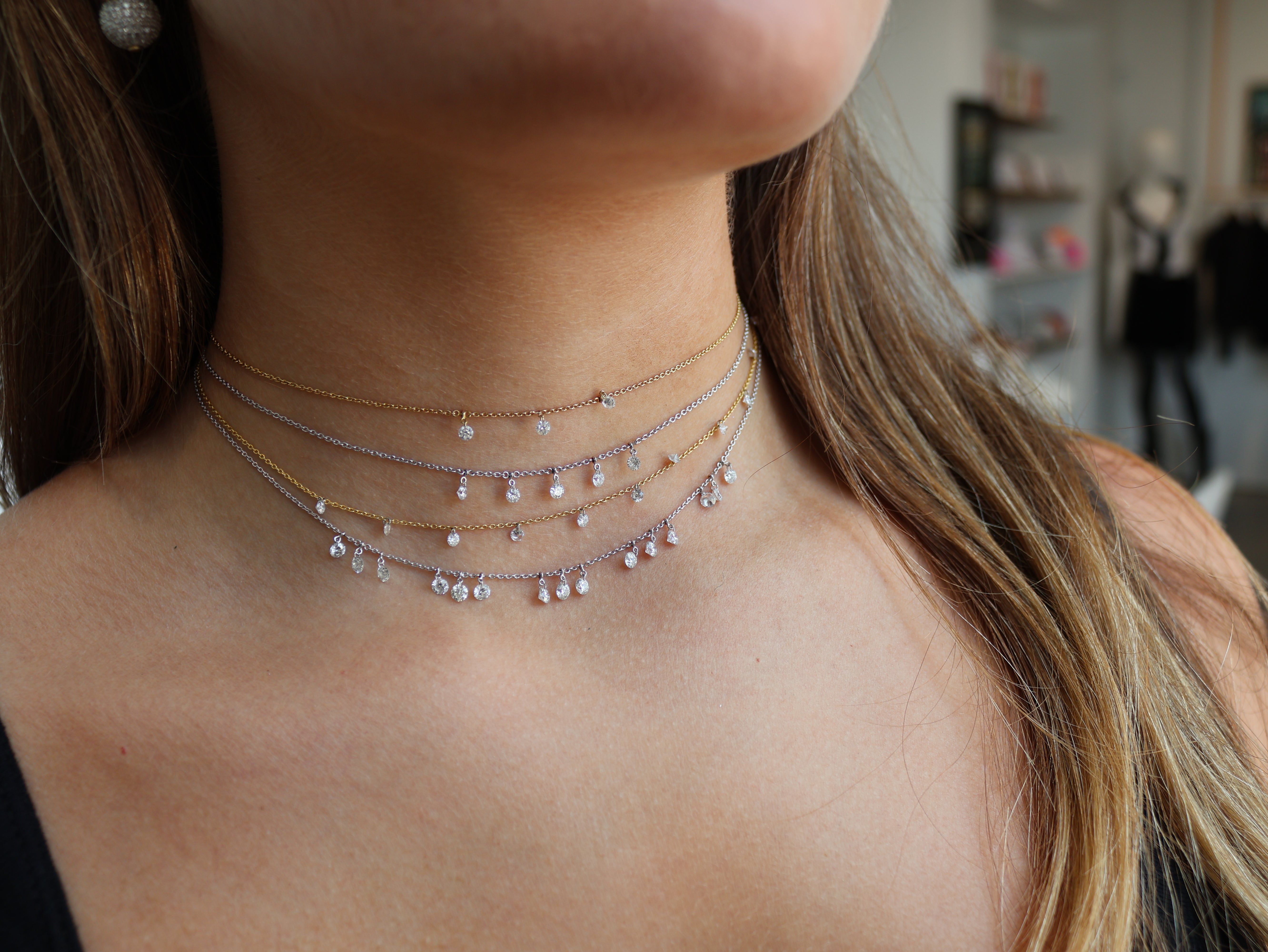 Yellow Gold 3 Drilled Diamond Floating Necklace