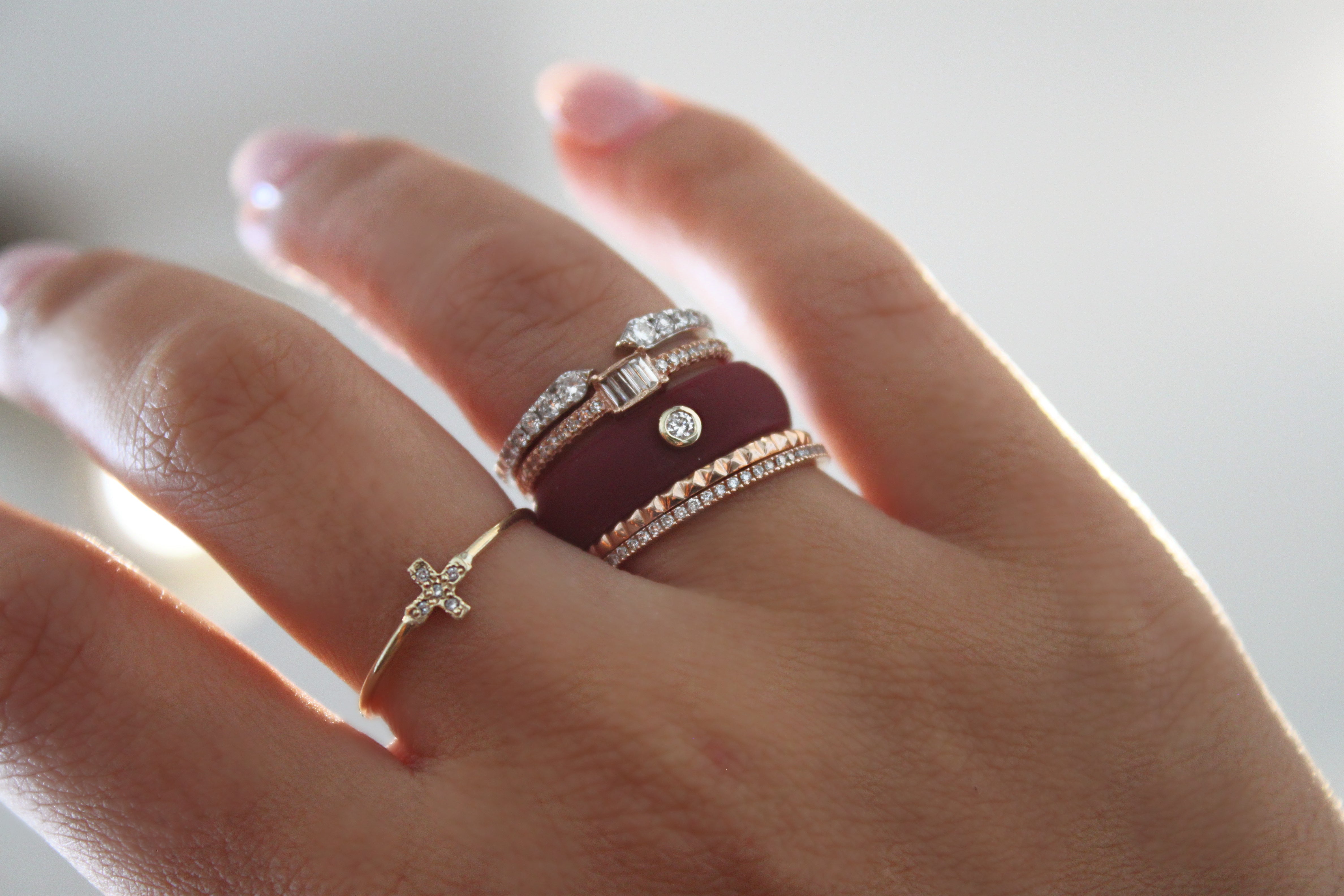 Dainty Textured Yellow Gold Cross Ring