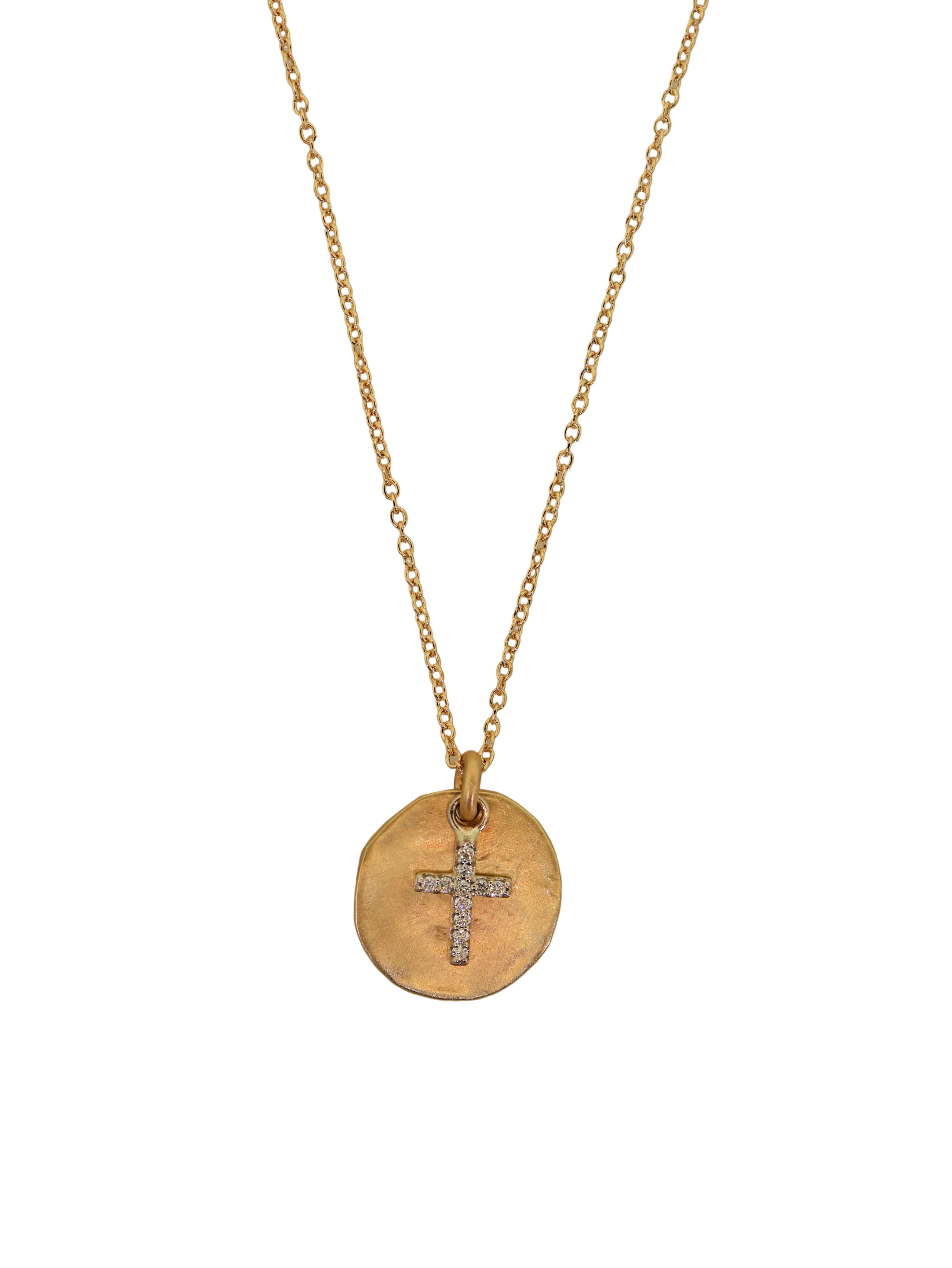 Gold Disc & Diamond Cross Necklace