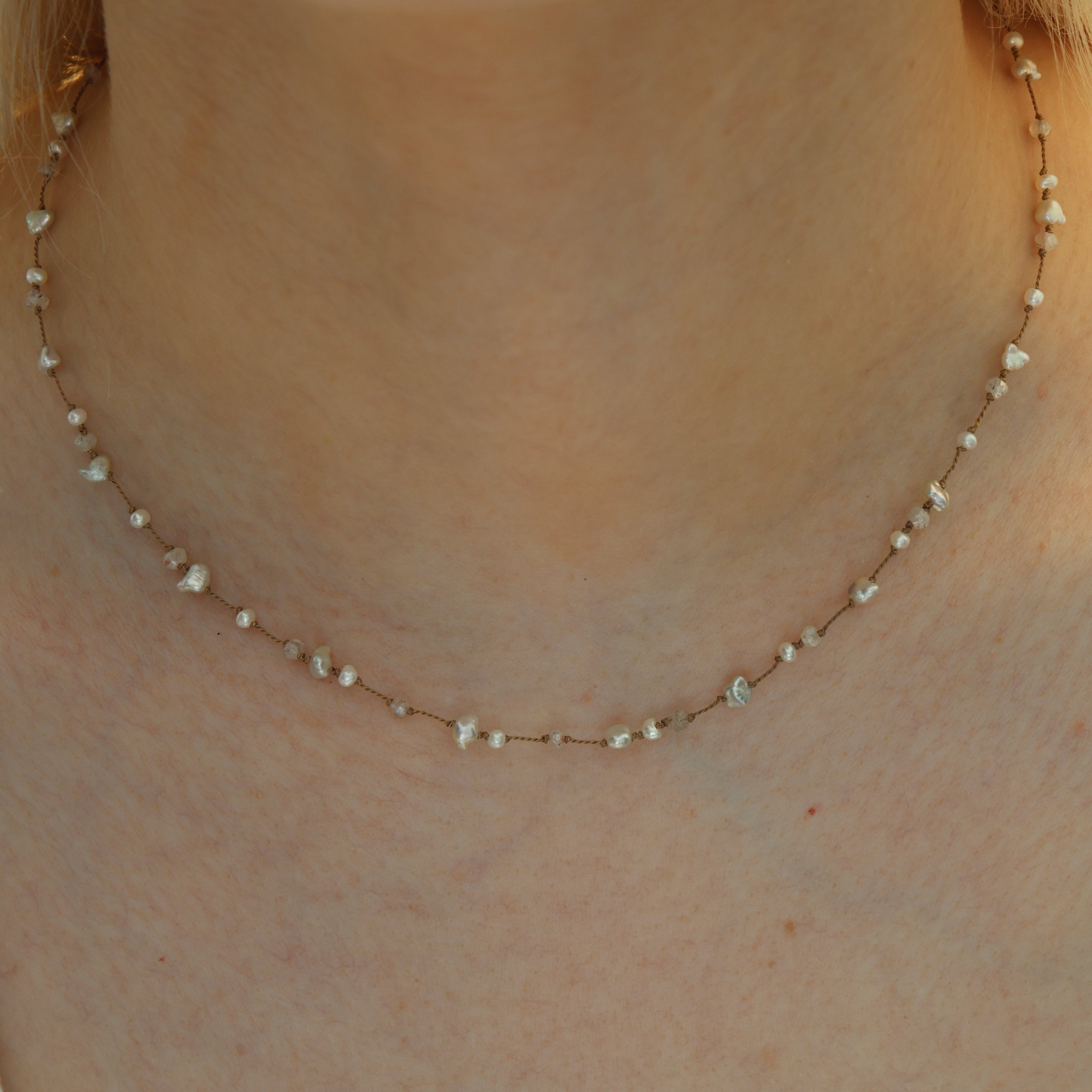 Pearl and White Sapphire Silk Necklace