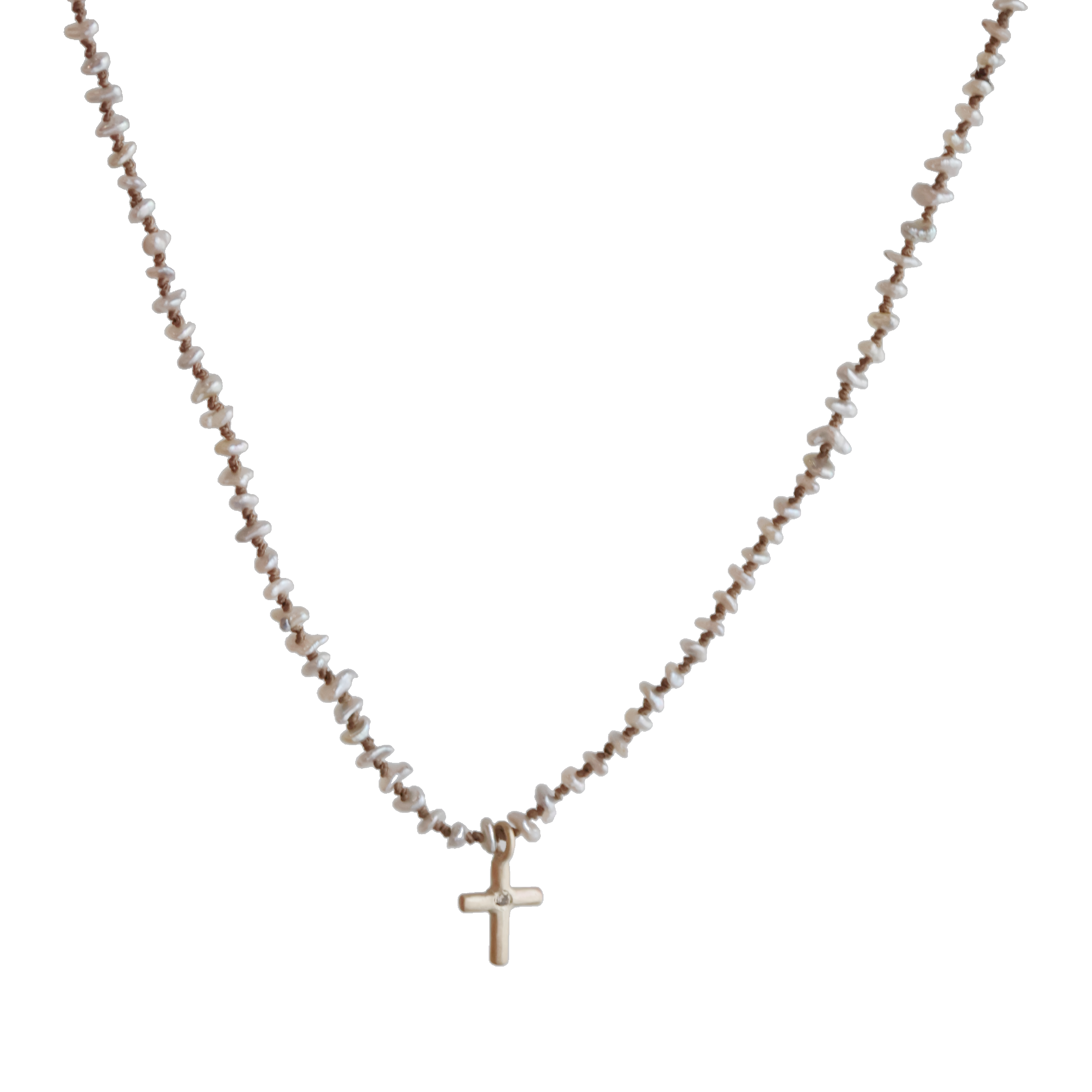 Keishi Pearl and Leather Cross Necklace