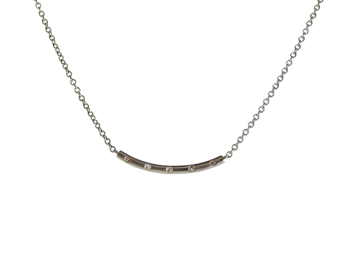 Matte Silver Curved Bar Diamond Inlay Necklace