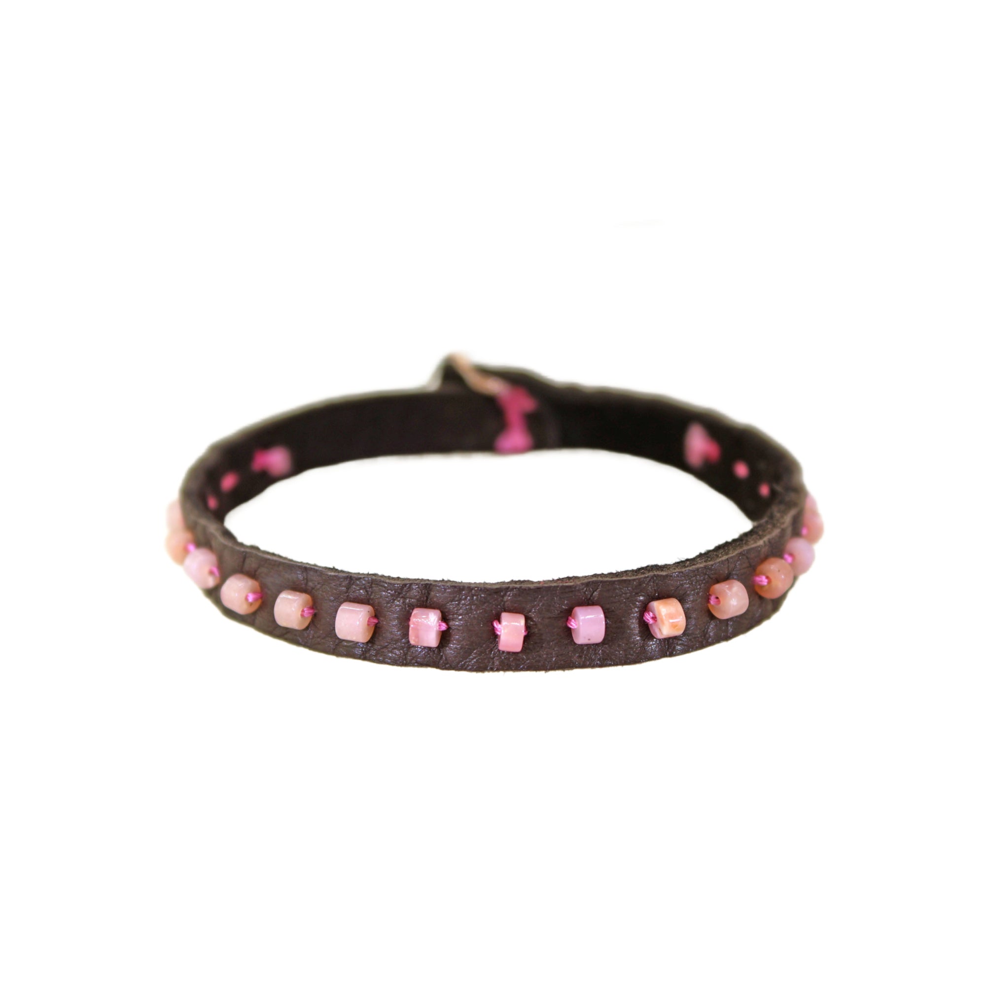 Pink Opal Heishi Dark Brown Leather Bracelet