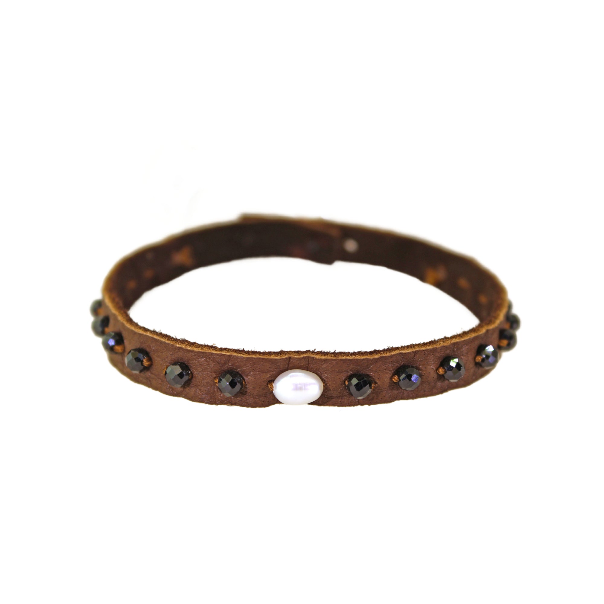 Black Spinel & Pearl Leather Bracelet
