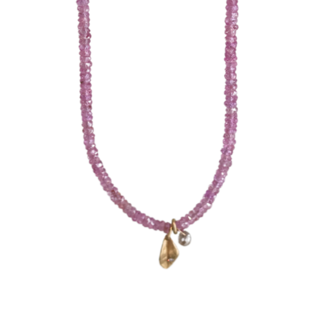 Pink Sapphire and Leaf Pendant Necklace