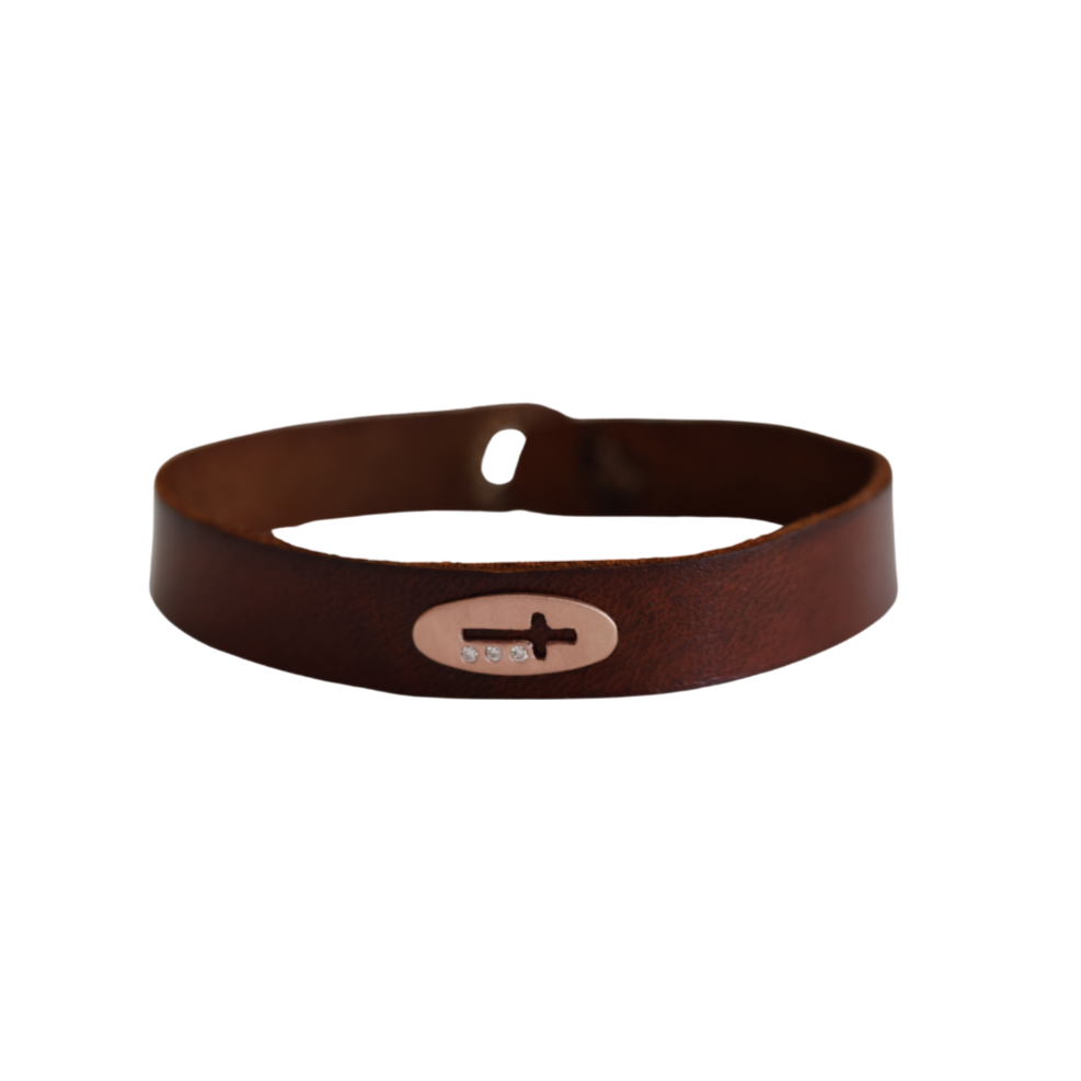 Rose Gold Cut Out Cross Brown Leather Bracelet