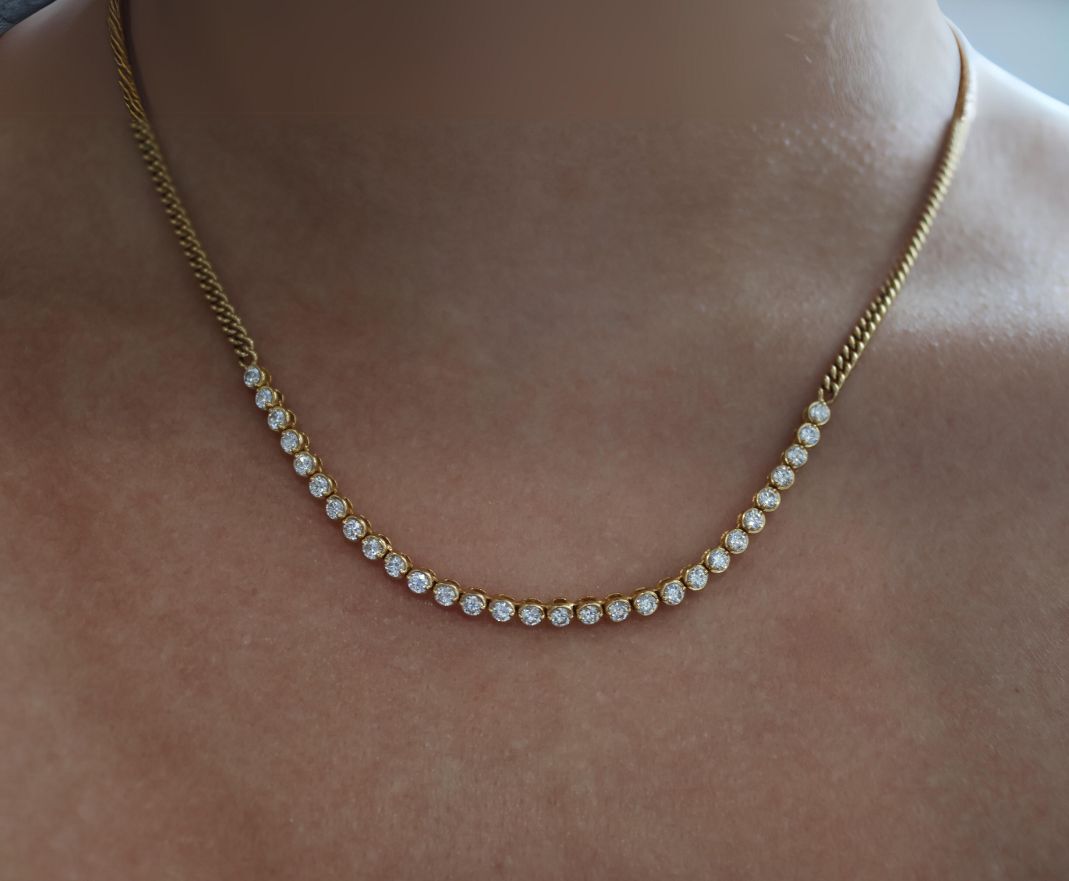 18KY Half Bezeled Diamond Tennis Necklace