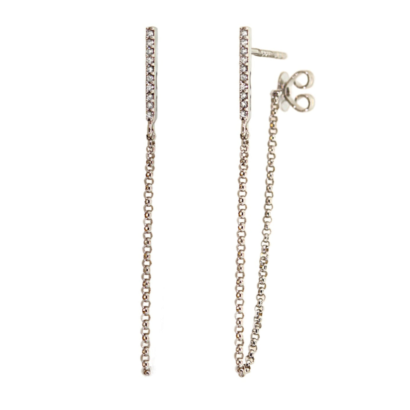 White Gold Pave Diamond Bar Chain Earrings