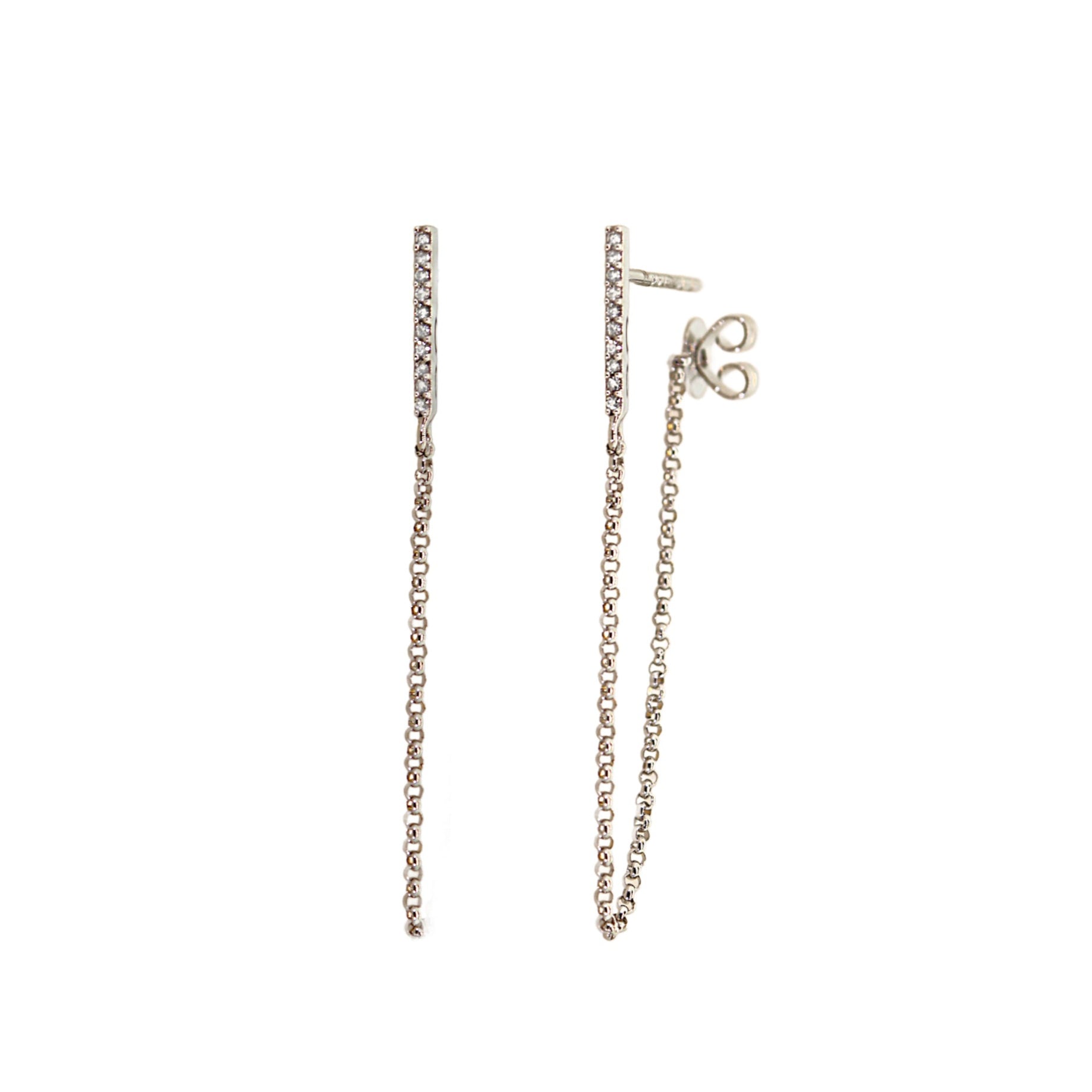 White Gold Pave Diamond Bar Chain Earrings