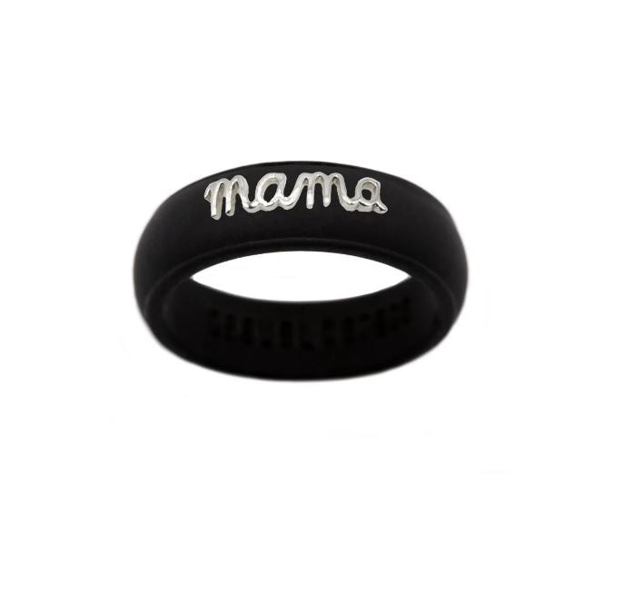 Sterling Silver "mama" Silicone Band - Black