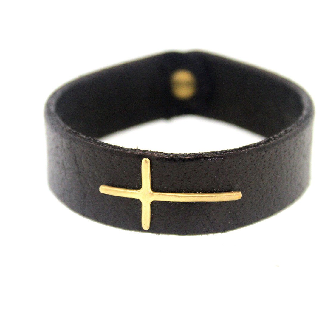 Buffalo Leather Bracelet with Thin Gold Cross - Rebecca Lankford Designs