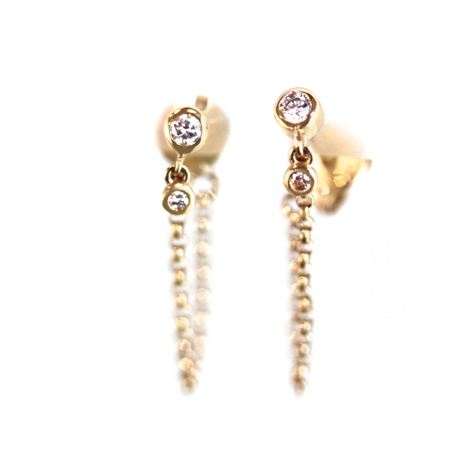 Two Bezeled Diamond Dangle Chain Earrings