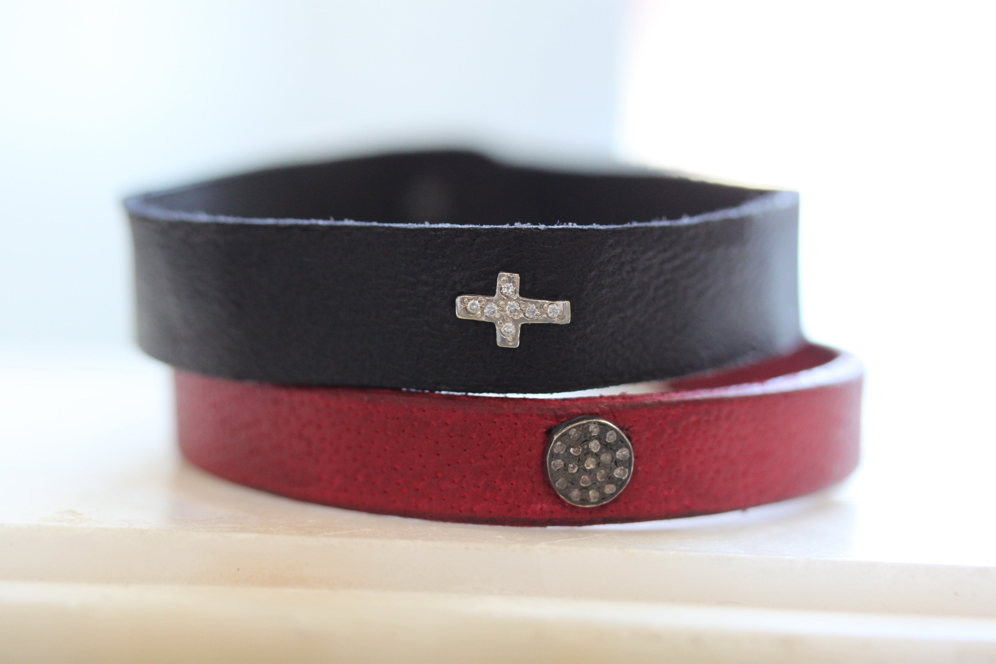 Pave Diamond Cross Leather Bracelet