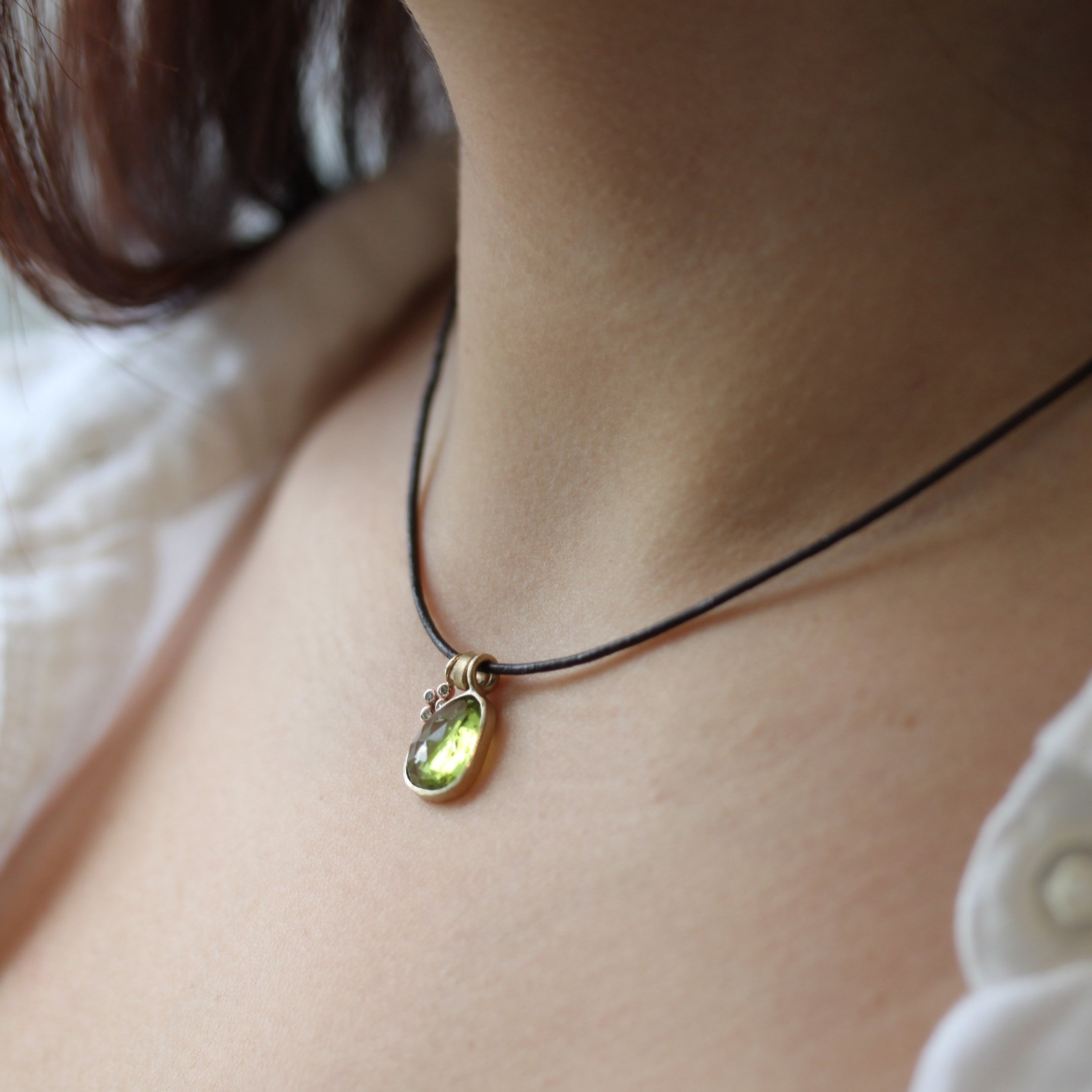 Peridot & Diamond Dangle Leather Necklace