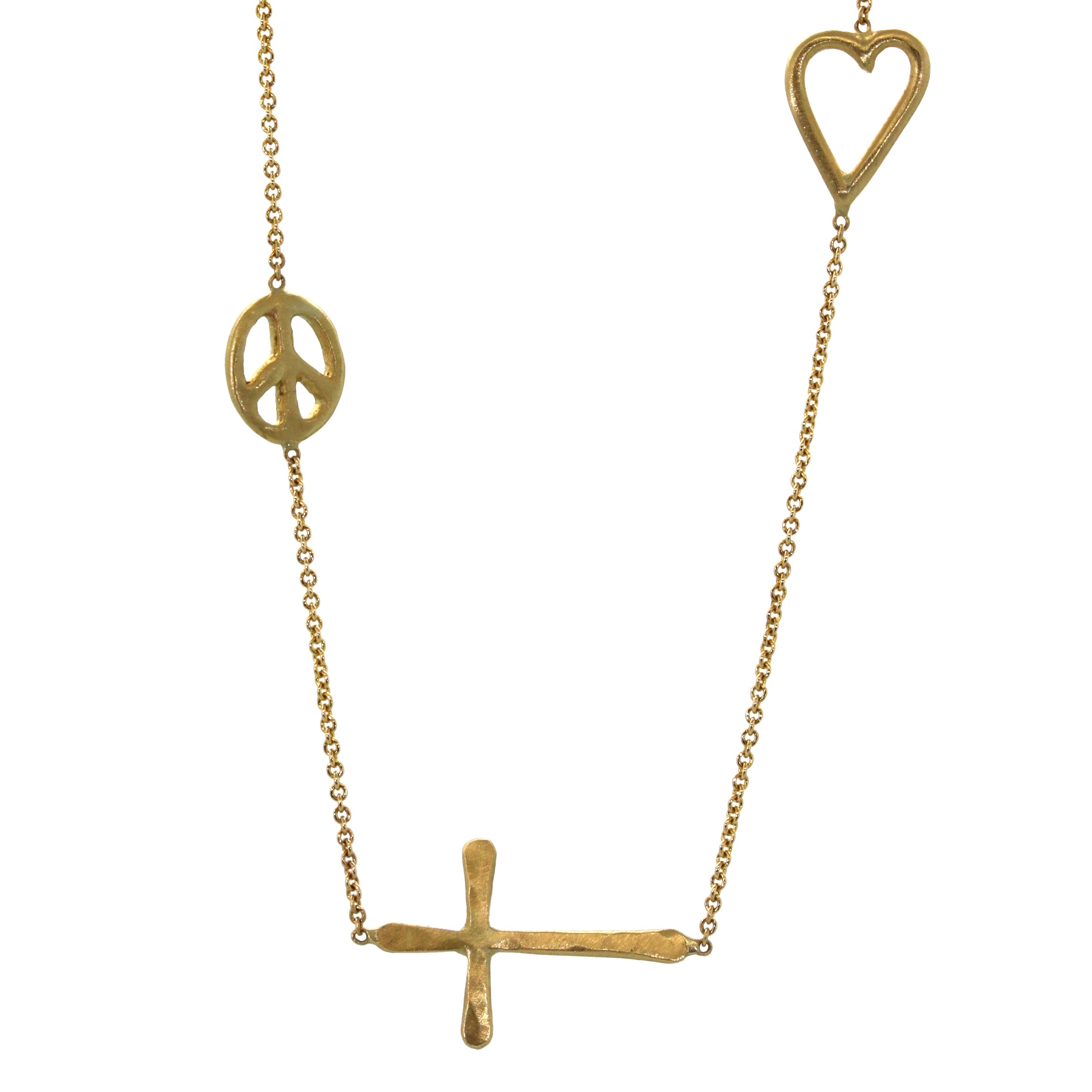 This Peace, Faith, Love Necklace features a handmade yellow gold peace sign, small heart, and sideways cross all soldered into a yellow gold chain. It was handcrafted with precision at studio 703 + RLD in Houston, Texas.