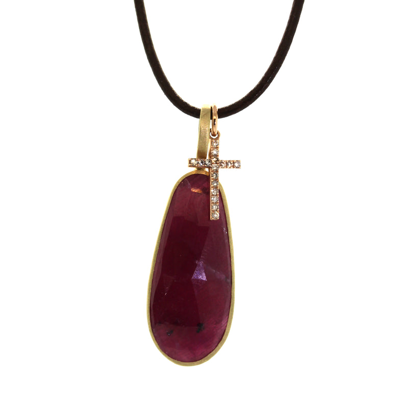 Ruby and Diamond Cross Leather Necklace - rebecca Lankford Designs - houston, TX