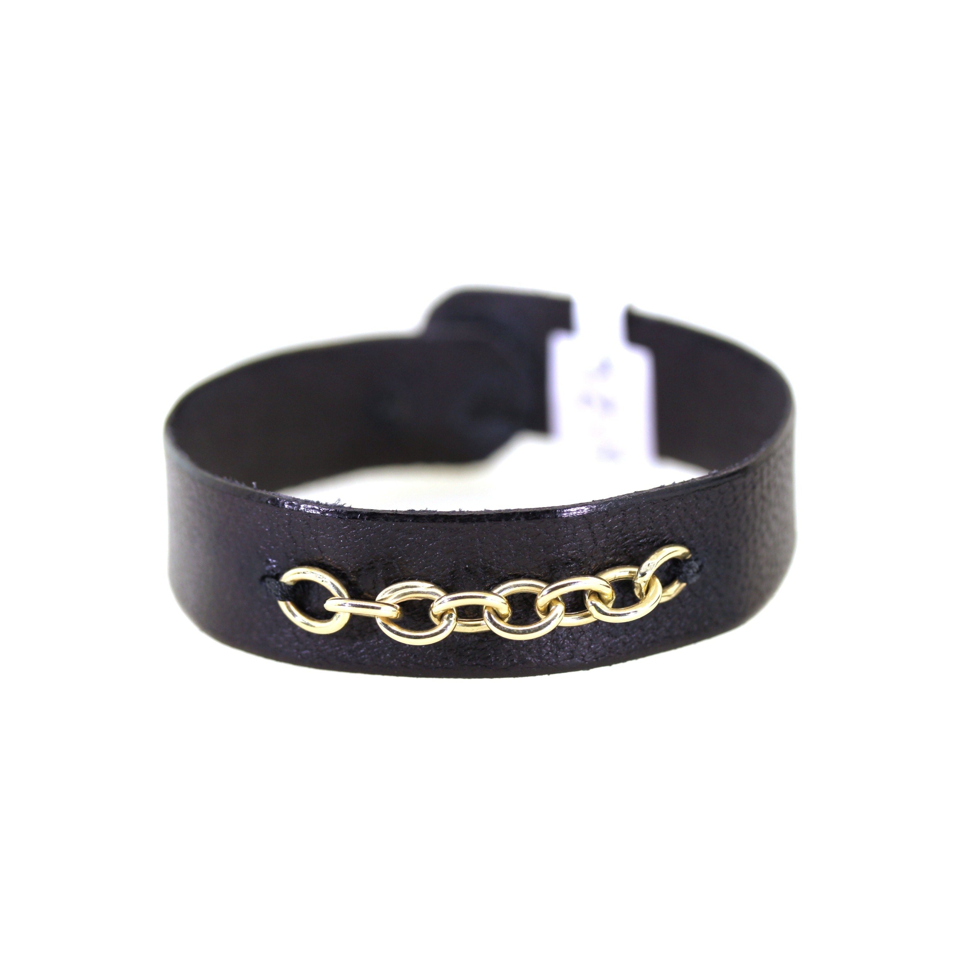 Black Leather & Yellow Gold Link Chain Bracelet