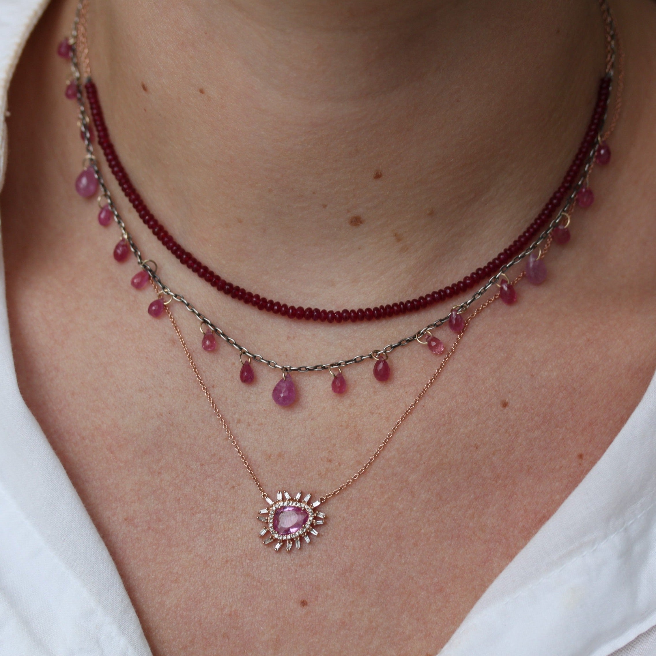 Pink Sapphire & Baguette Diamond Necklace