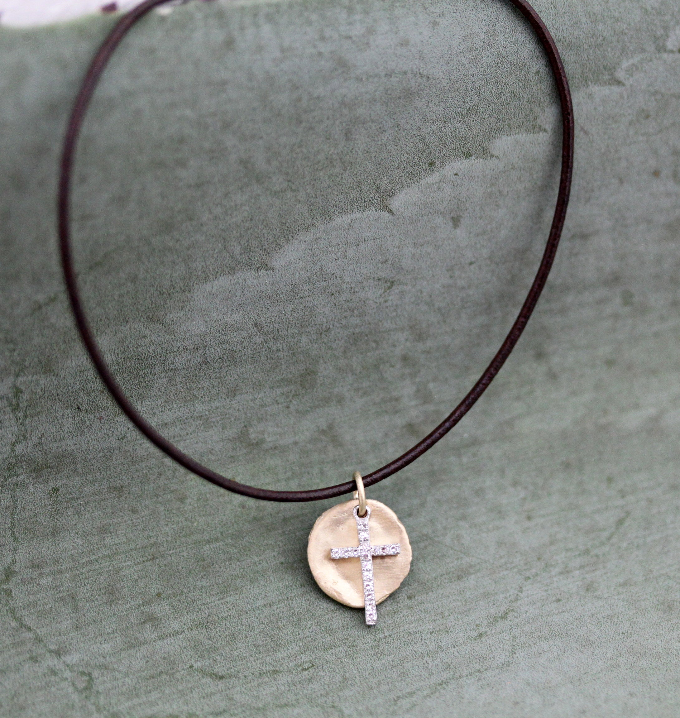 Gold Disc & Cross Leather Necklace
