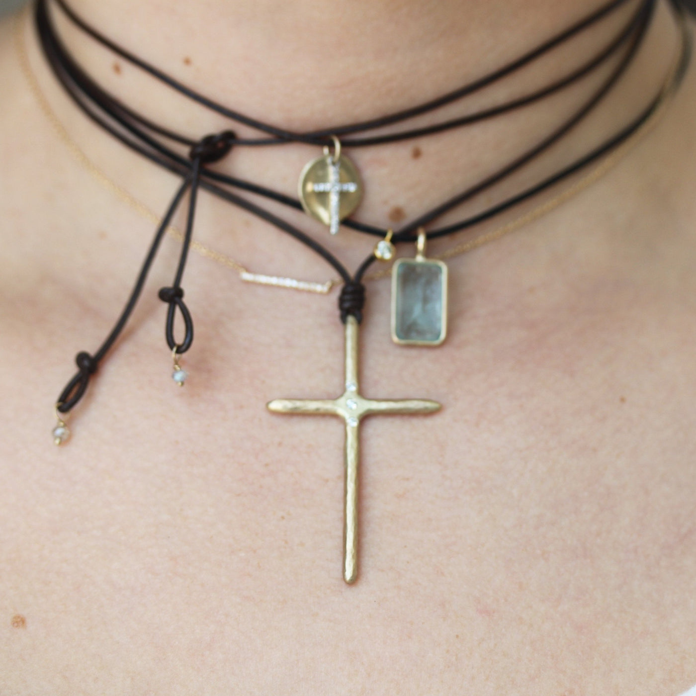 Gold & Diamond Cross Leather Necklace