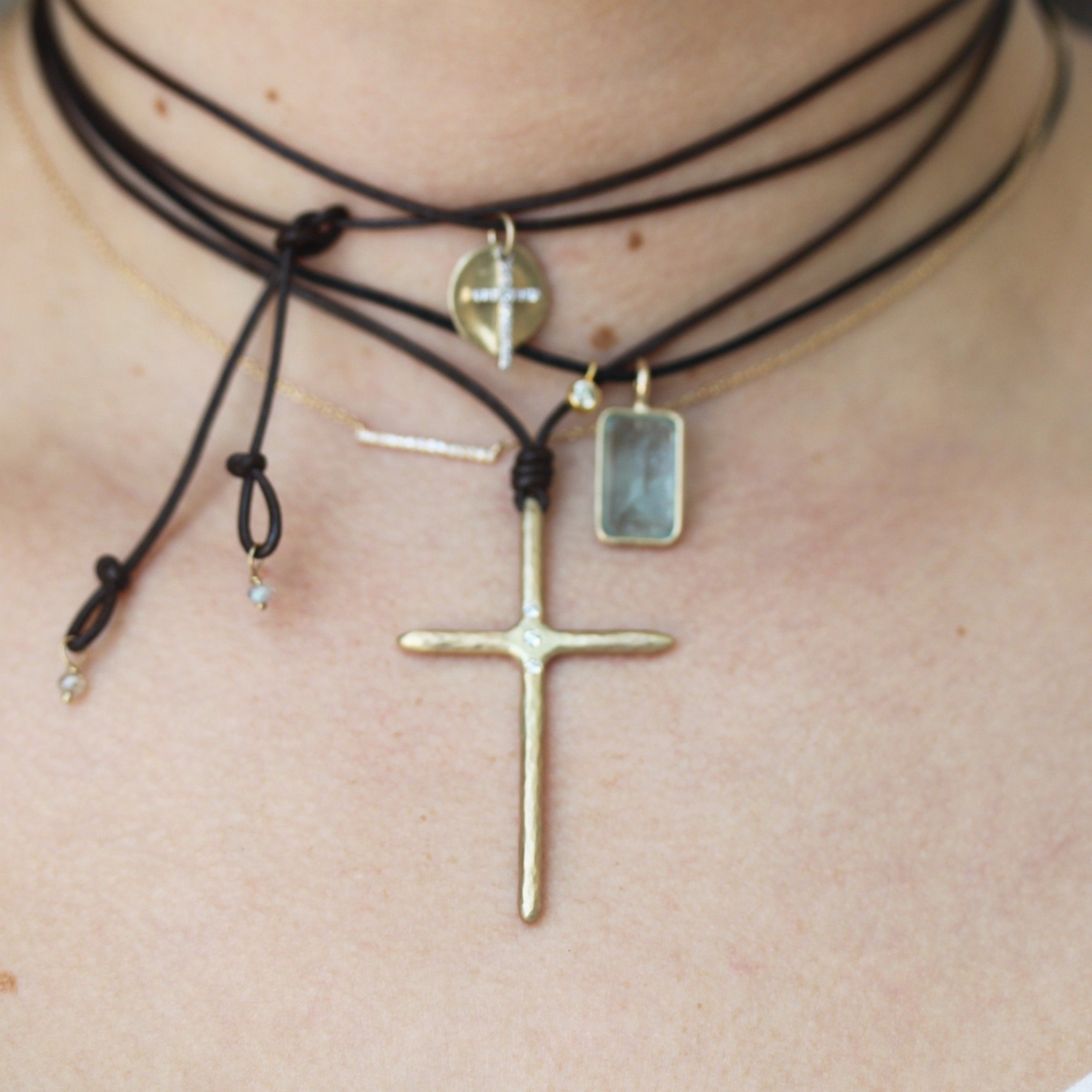 Gold Disc & Diamond Cross Necklace