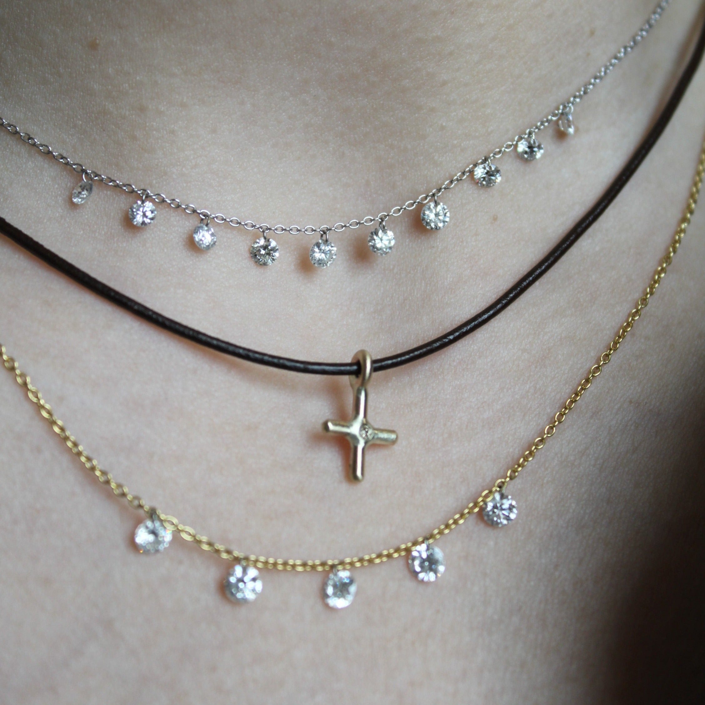 Gold & Diamond Cross Leather Necklace